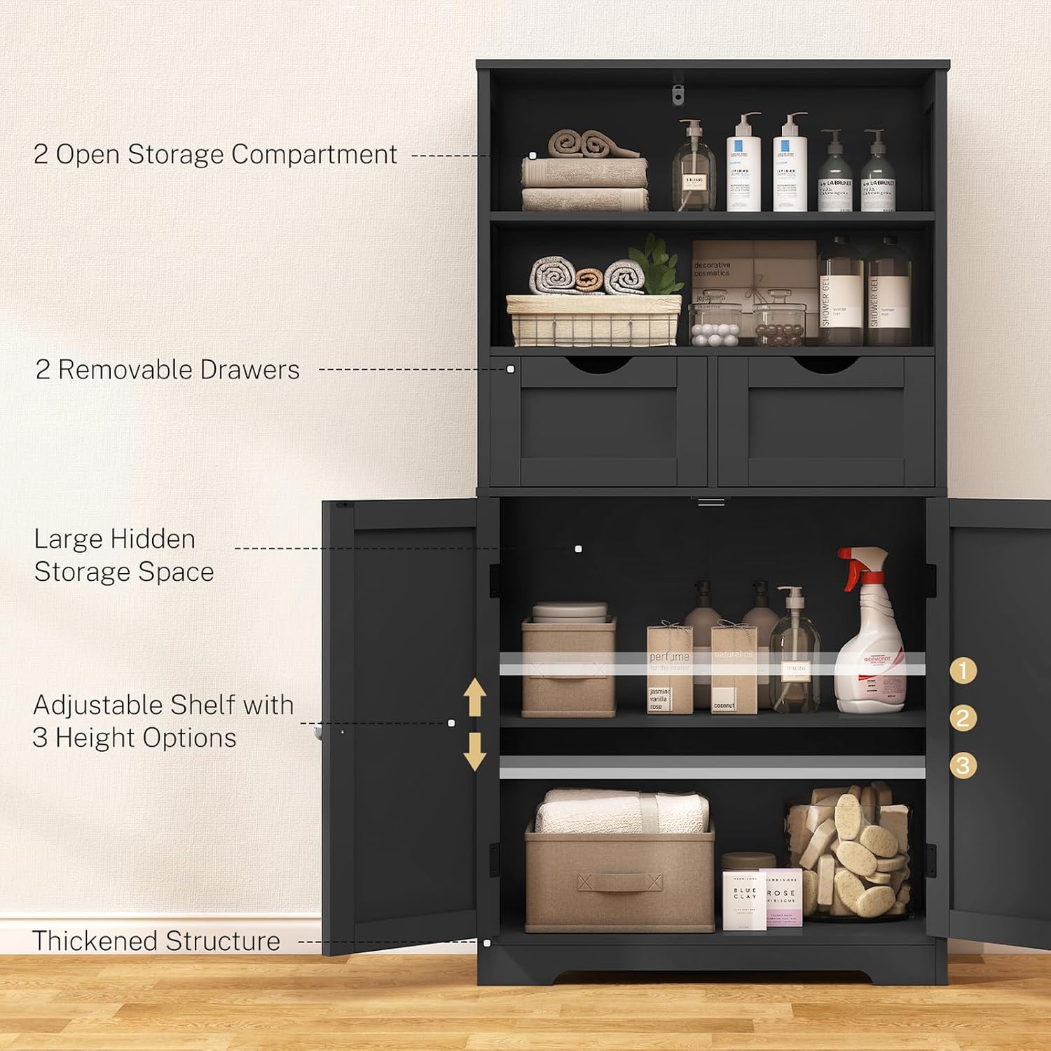Iwell Storage Cabinet with 2 Drawers & Adjustable Shelves, Cupboard, Floor Cabinet for Living Room, Home Office, Rustic Brown