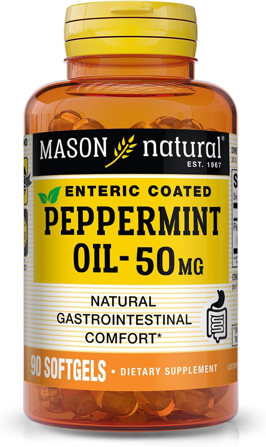 MASON NATURAL Peppermint Oil 50 mg Enteric Coated Softgels, 90 Day Supply | 50mg pure peppermint oil, enteric coated to dissolve in the intestines, to ease bloating & gas and support normal digestion