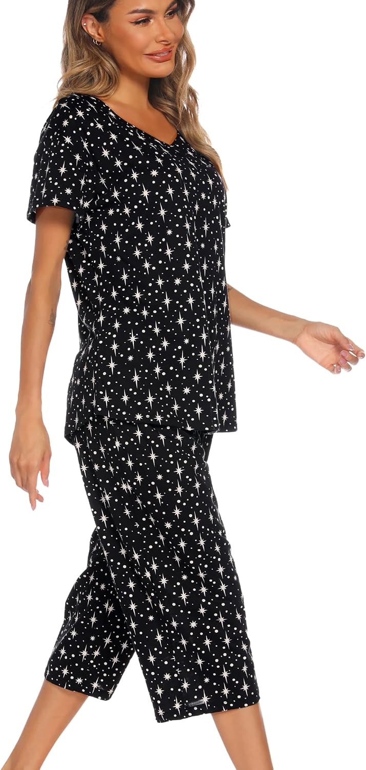 ENJOYNIGHT Womens Pajama Set Cotton Summer Pj Top with Capri Pant Sleepwear