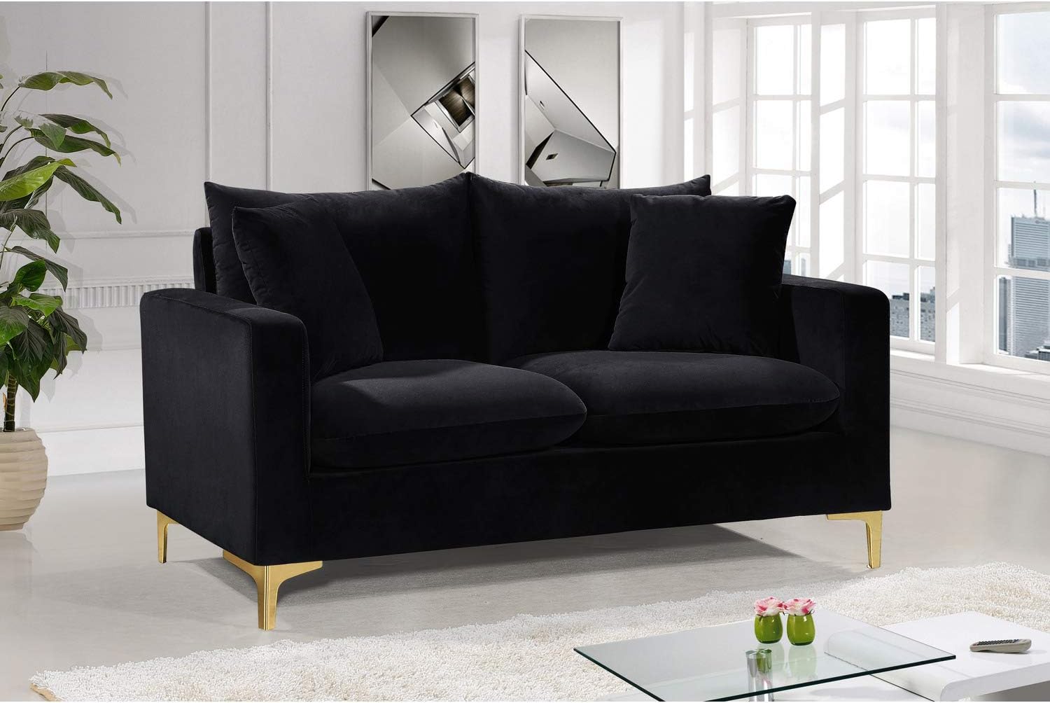 Meridian Furniture Naomi Collection Modern | Contemporary Grey Velvet Upholstered Loveseat with Stainless Steel Base in a Rich Gold or Chrome Finish, 633Grey-L