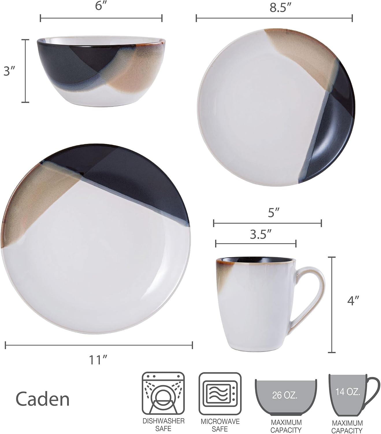 Mikasa Gourmet Basics Caden 16-Piece Stoneware Dinnerware Set, Service for 4, White Glossy Center with Black and Tan Two-Tone Reactive Glaze, Dishwasher and Microwave Safe