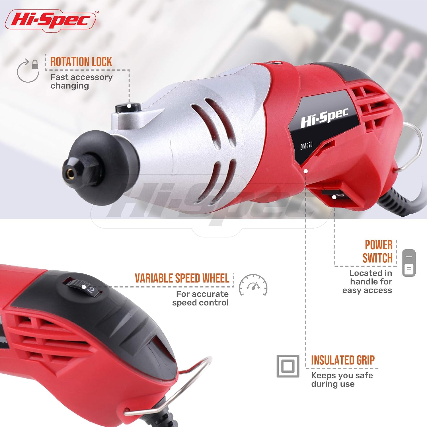 Hi-Spec Corded Rotary Tool Kit for Cutting, Grinding and Sanding with Bits