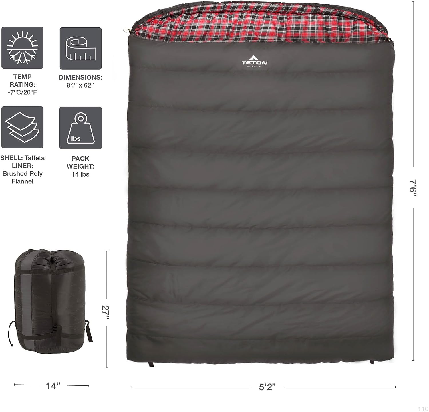 Teton Mammoth Queen Size Double Sleeping Bag- A Warm Bag the Whole Family can Enjoy – Great for Camping, Hunting and Base Camp. Compression Sack Included