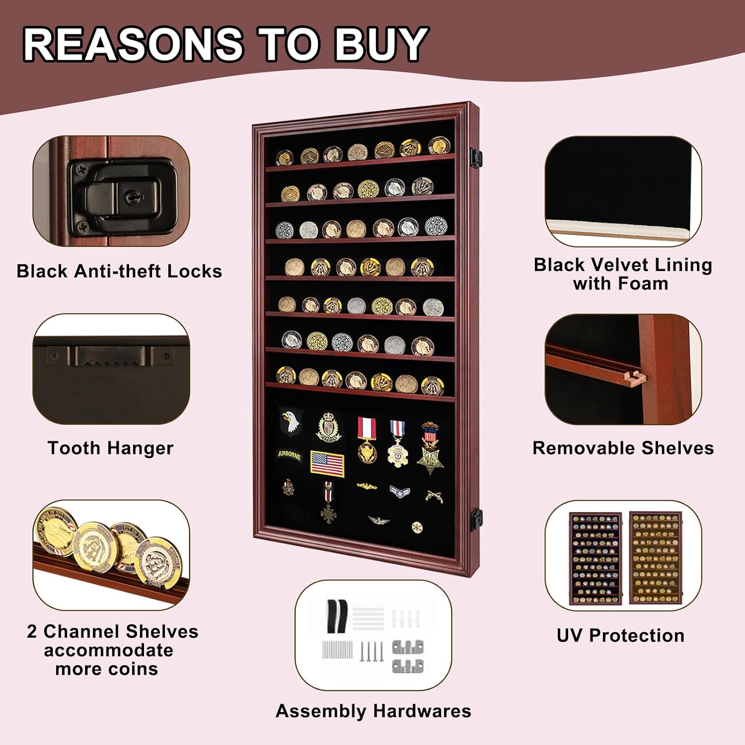 Jinchuan Military Challenge Coin Display Case Lockable Cabinet Rack Holder Shadow Box with Removable 2 Grooves Shelves and Anti Dust Door for Casino