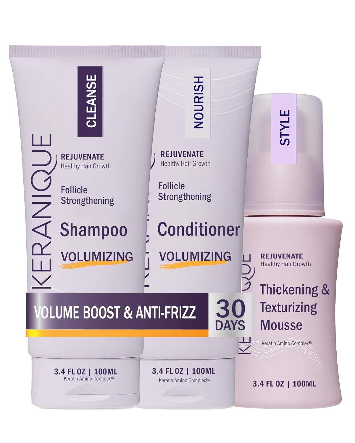 Keranique Volumizing Shampoo and Conditioner Set with Thickening Mousse - Keratin Enriched Volume Kit for Thinning, Fine, Damaged, Dry Hair - Color Safe, Sulfate Free, No Alcohol Formula for Women