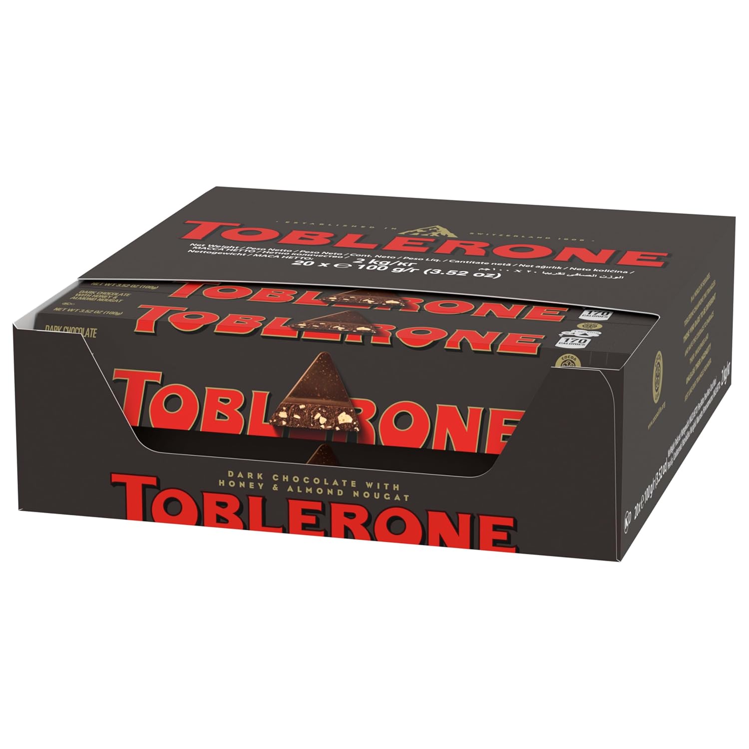TOBLERONE Dark Chocolate Bar with Honey and Almond Nougat, 20 Bars | Bulk Chocolate