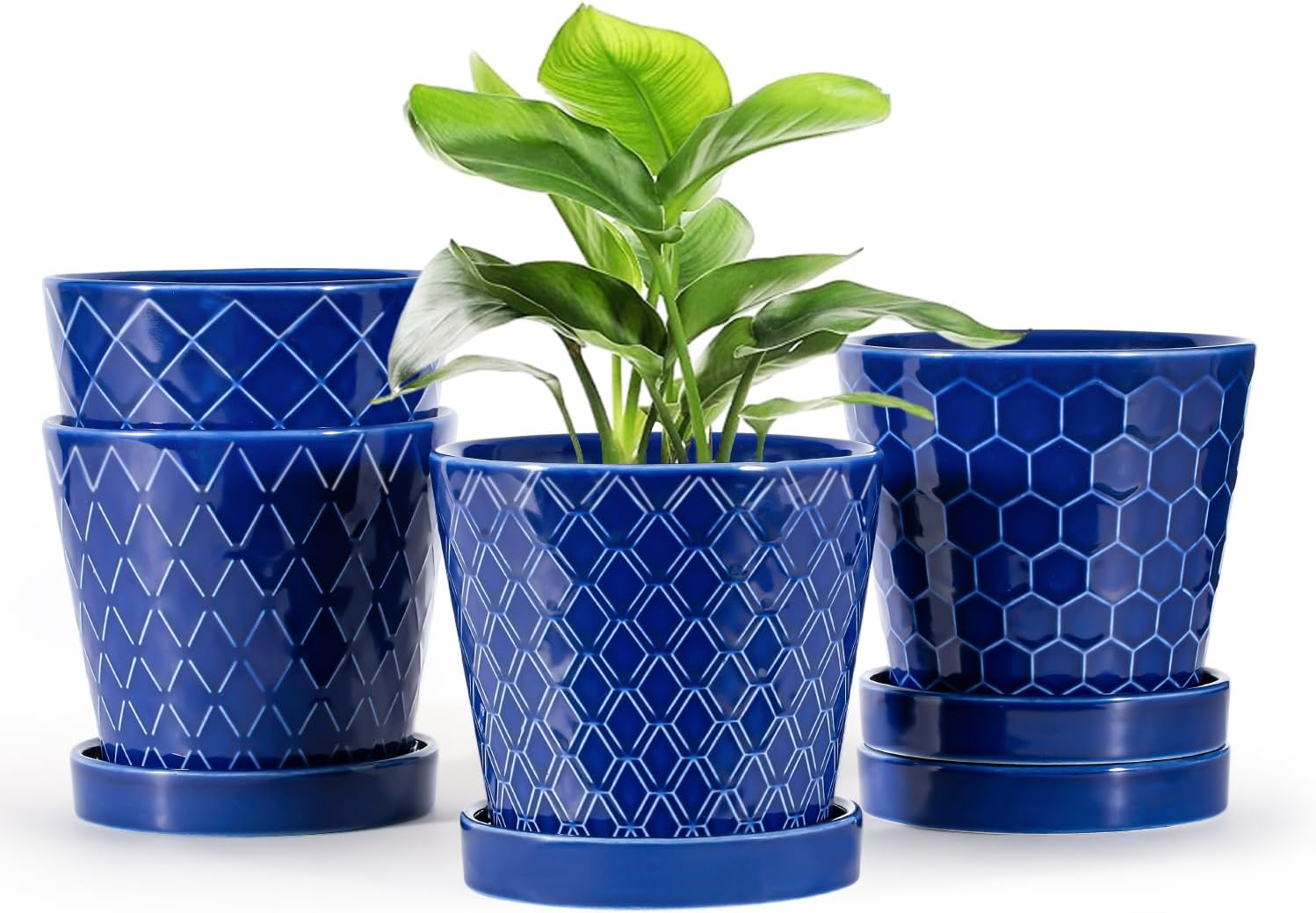 EFISPSS Ceramic Plant Pots, 5 Inch Planters with Drainage Holes and Ceramic Tray, Relief Design Flower Planter