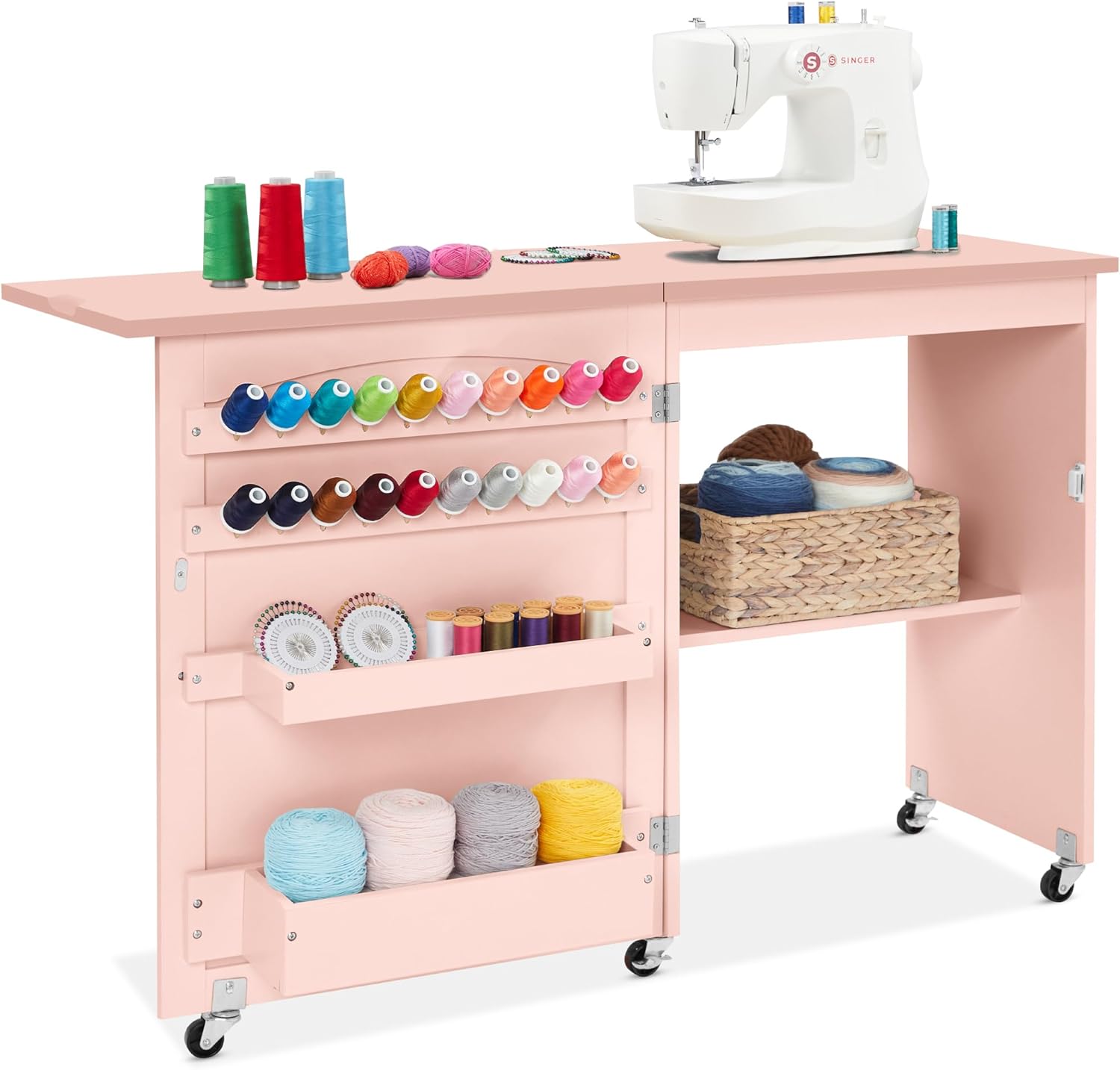 Best Choice Products Folding Sewing Table Multipurpose Craft Station & Side Desk with Compact Design, Wheels, Shelves, Storage Trays, Pegs