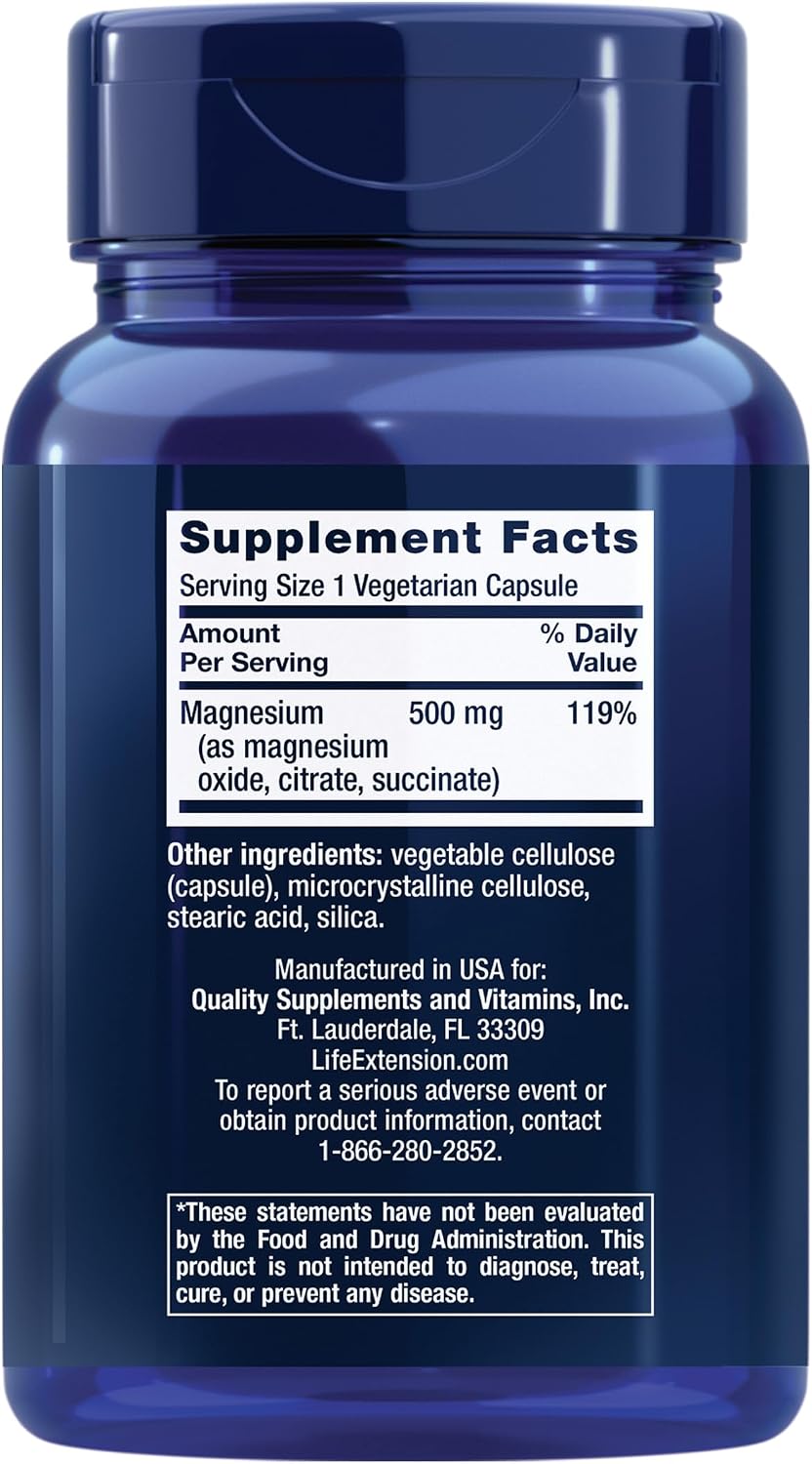 Life Extension Magnesium Caps, 500 mg, Magnesium Oxide, Citrate, and Succinate, Heart Health, Healthy Bones, Metabolism Support, 100 Vegetarian Capsules | Magnesium Oxide, Citrate & Succinate Blend for Heart Health, Healthy Bones & Metabolism, 100 Vegeta…