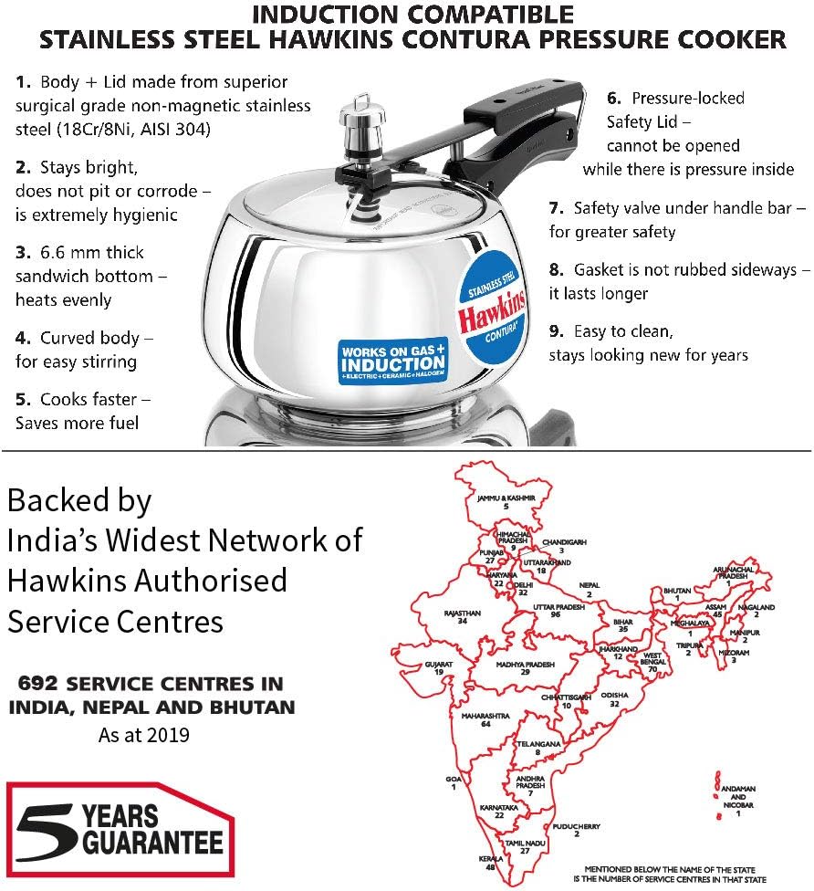 Hawkins 3 Litre Contura Pressure Cooker, Stainless Steel Inner Lid Cooker, Handi Cooker, Induction Cooker, Silver (SSC30)