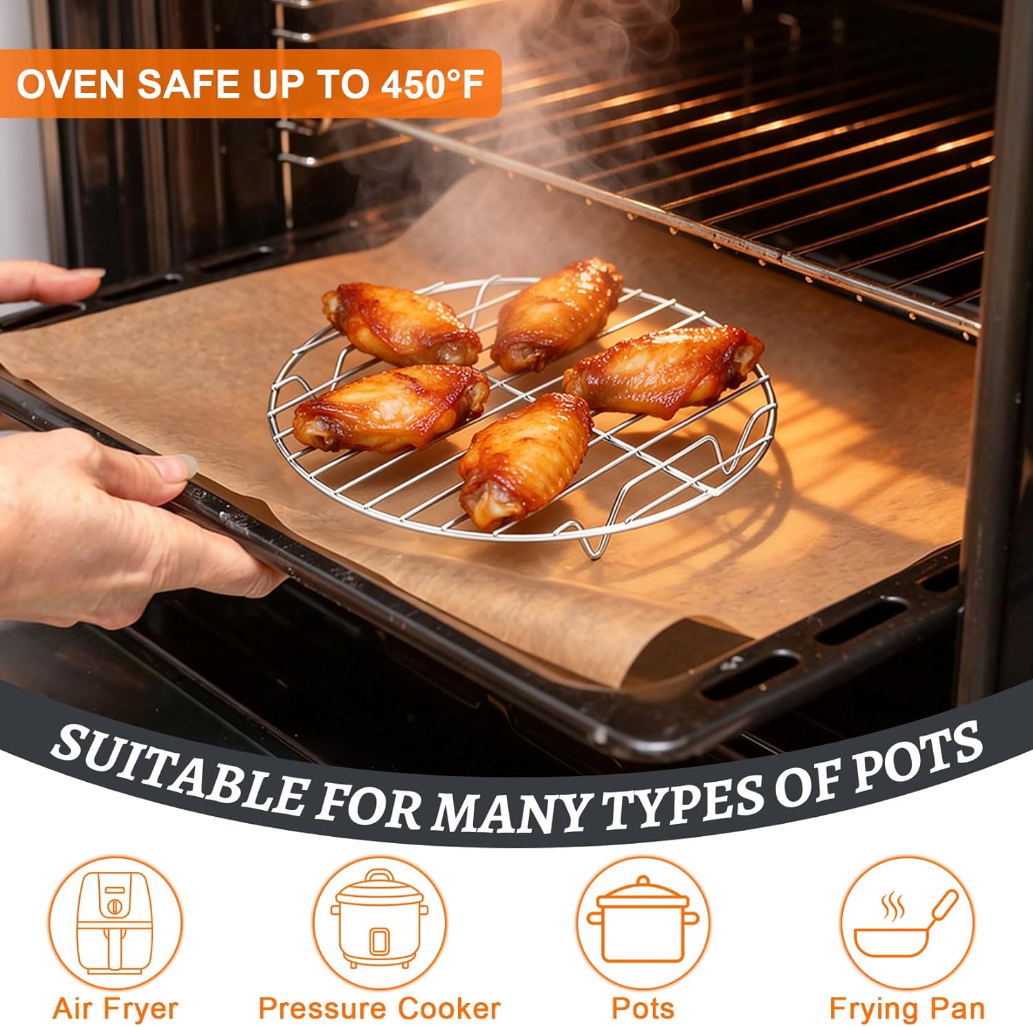 P&P CHEF 9 Inch Cooking Rack Round for Steaming Cooling, Silver, 2 Pack