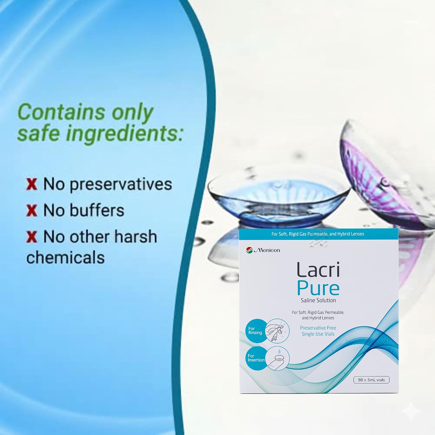 Menicon LacriPure Saline Contact Lens Solution 5ml 98 vials 3 Months Supply