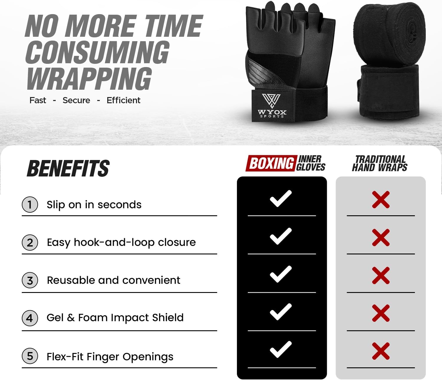 WYOX Neoprene Gel Boxing Hand Wraps Inner Gloves for Men & Women – 80cm/31in Quick Wrist Strap, Padded Knuckle Protection