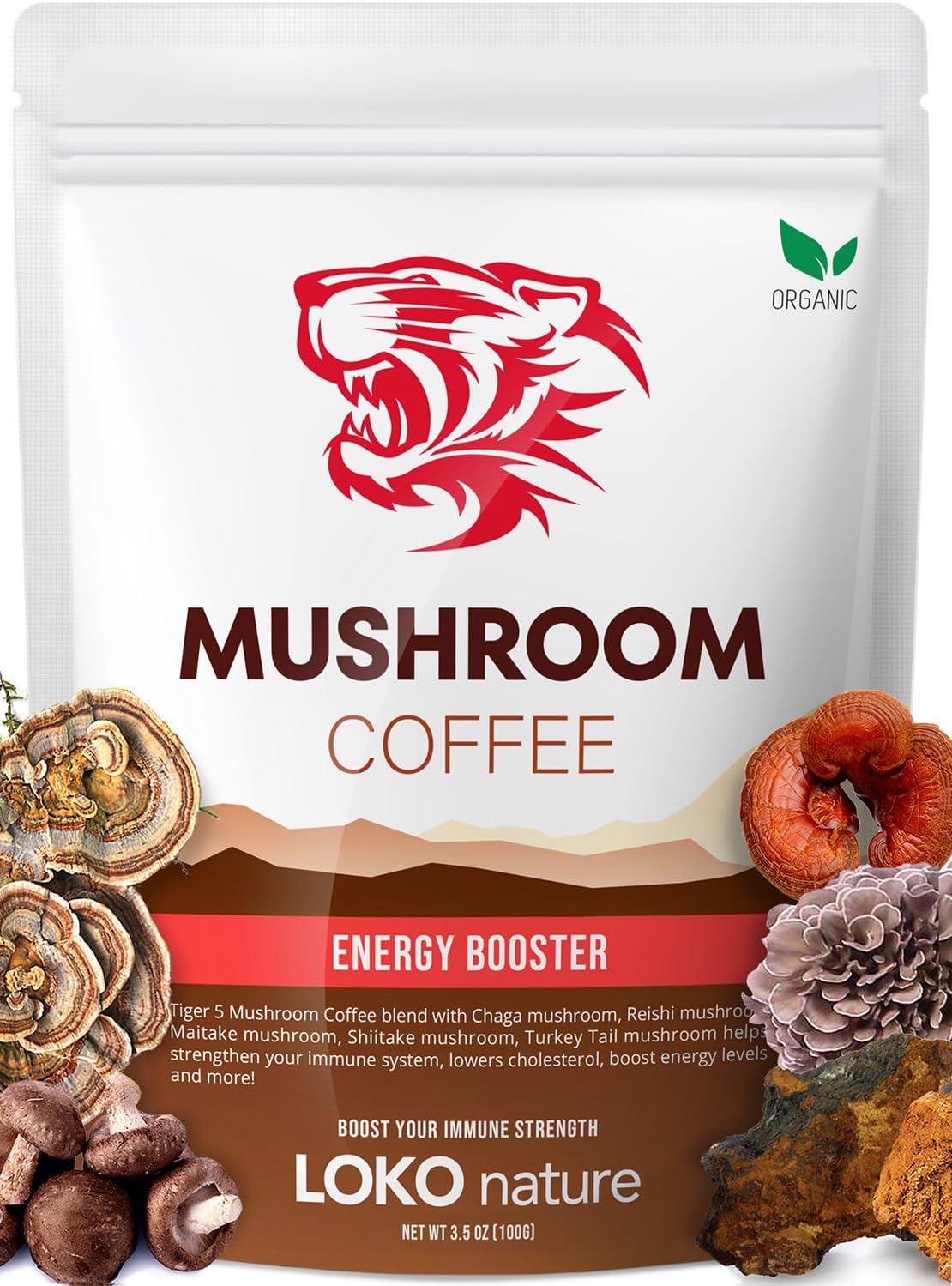 Tiger Organic 5 Mushroom Instant Coffee – 30 Servings with 100% Arabica | Immune System Booster, Reishi, Maitake, Shiitake