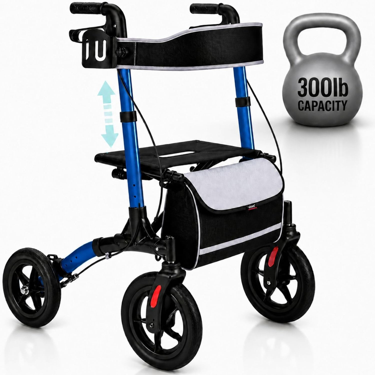 Vive All-Terrain Rollator Walker with 12” Pneumatic Wheels - Padded Seat | Backrest