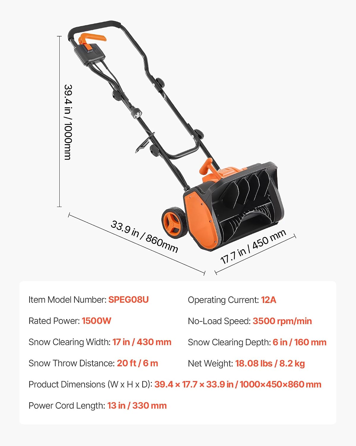 VEVOR Corded Electric Snow Shovel, 12A 17 inch Snow Shovel, 60° Adjustable Chute, 20 ft Throwing Distance, Snowthrower with Dual Safety Switch