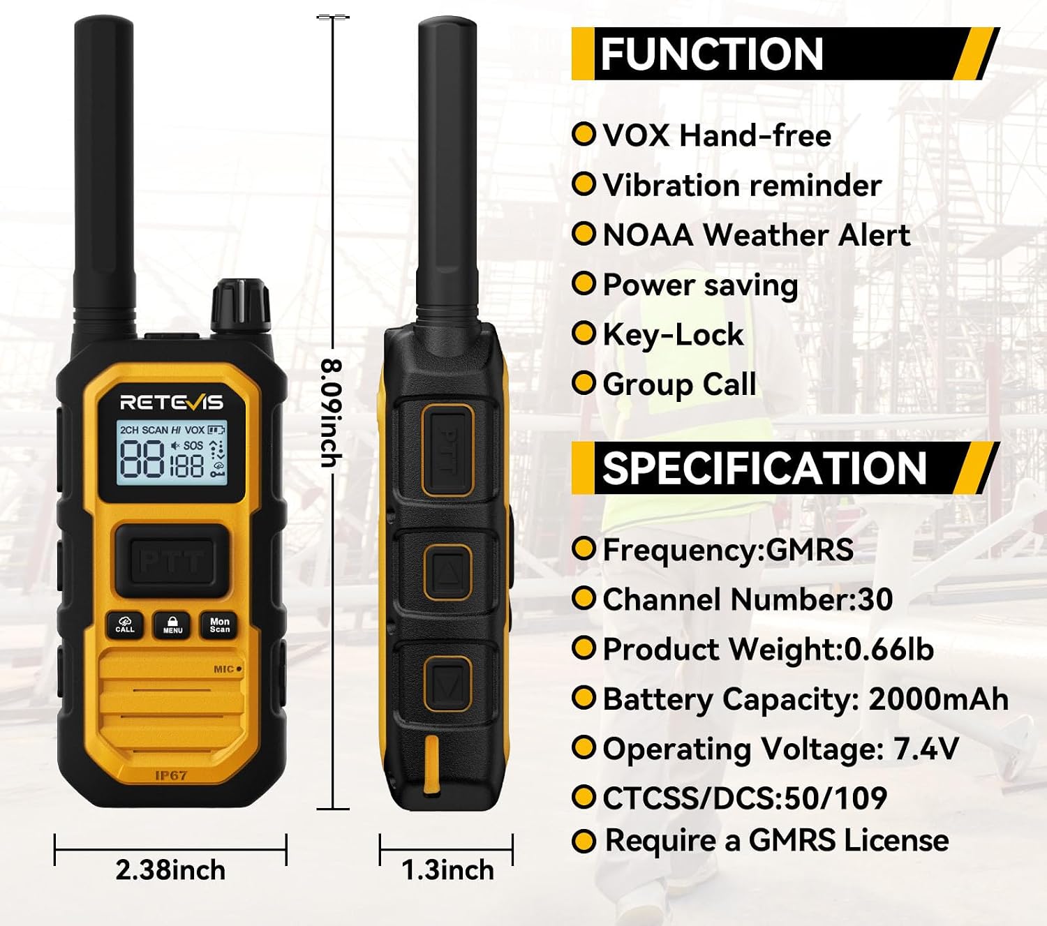 Retevis RB48PLUS GMRS Walkie Talkies Long Range,IP67 Waterproof 2 Way Radio | Repeater Capable, Dual PTT, Vibration Alert, NOAA, SOS, for Hurricane Preparedness, Emergency Communication, Outdoor, 2 Pack