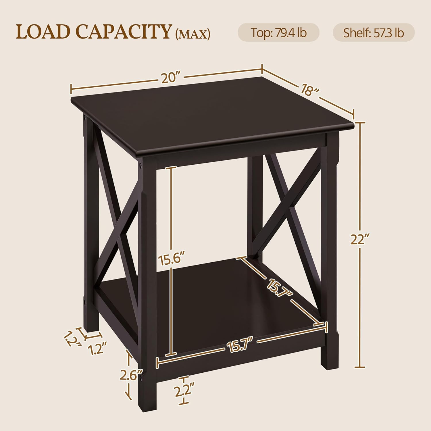 Yaheetech X-Side Frame End Table with 2-Tier Storage Shelf, Espresso