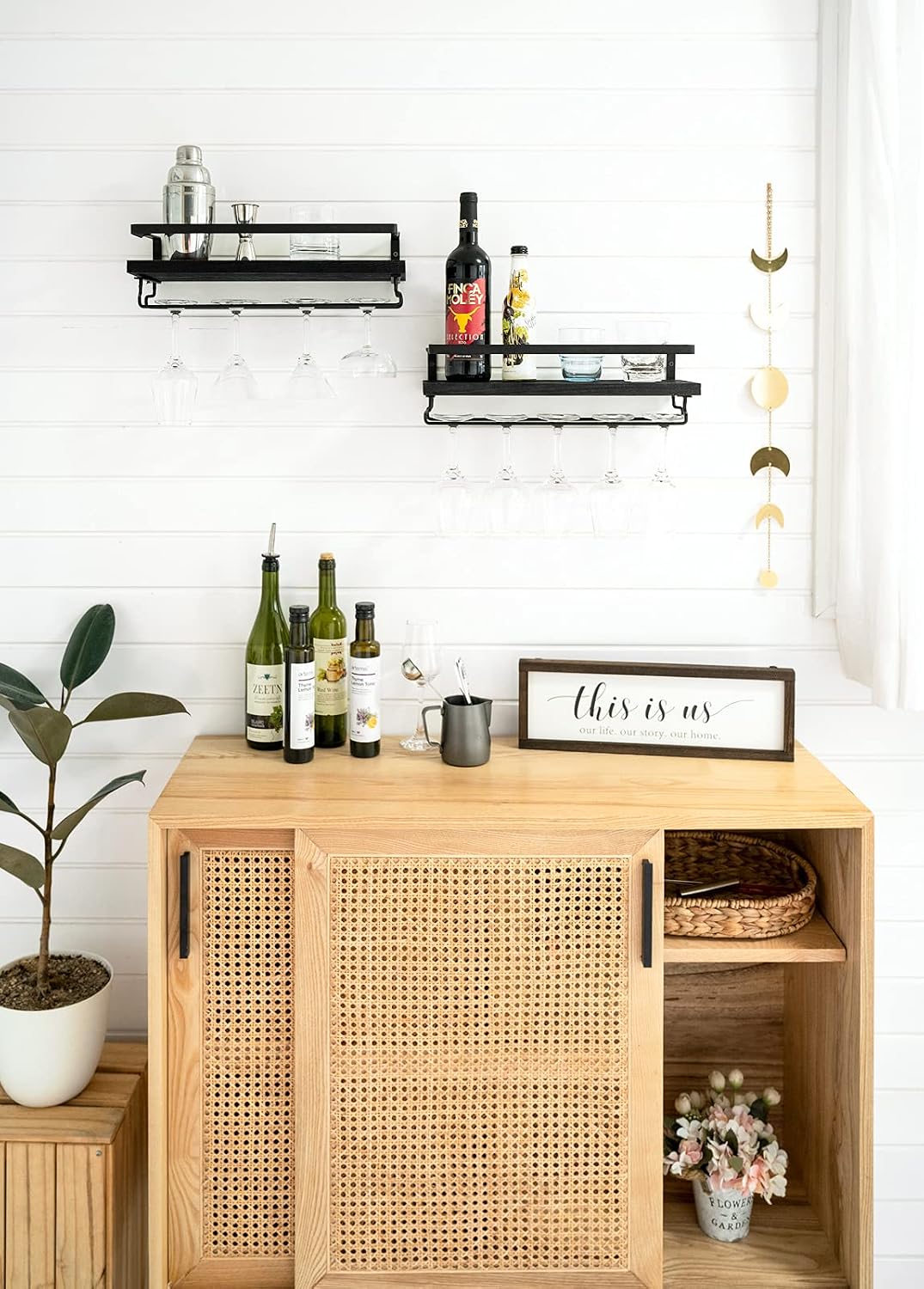 Mkono Wall Mounted Wine Rack Set of 2 Wood Rustic Wine Bottle Glass Floating Shelves with Stemware Hanger Modern Plants Photos Wine Display Storage