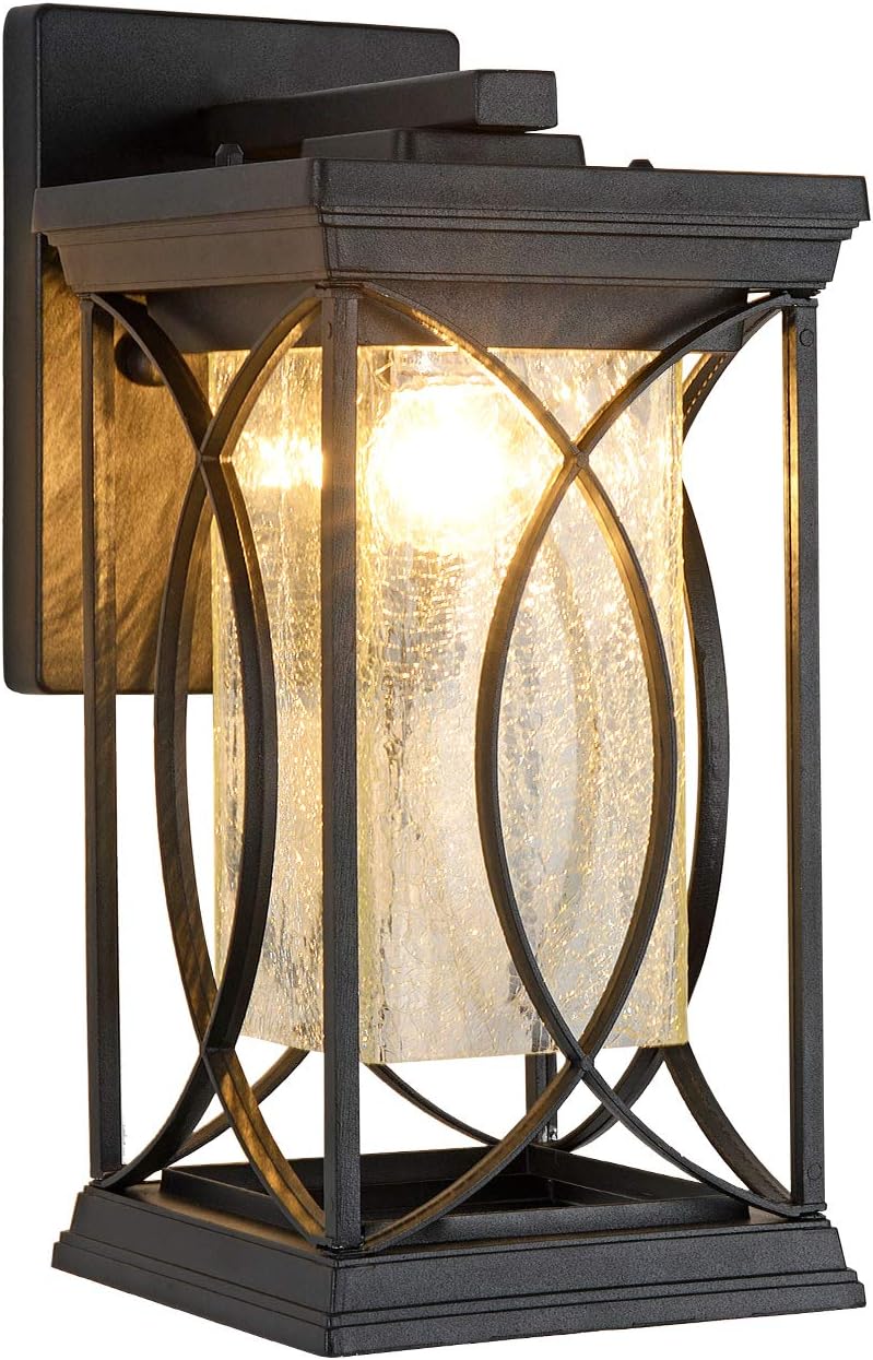 Dusk to Dawn Modern Outdoor Coach Lantern Exterior Light Fixtures Black Aluminum with Crack-Like Glass Waterproof Wall Sconce Mission Outside Light