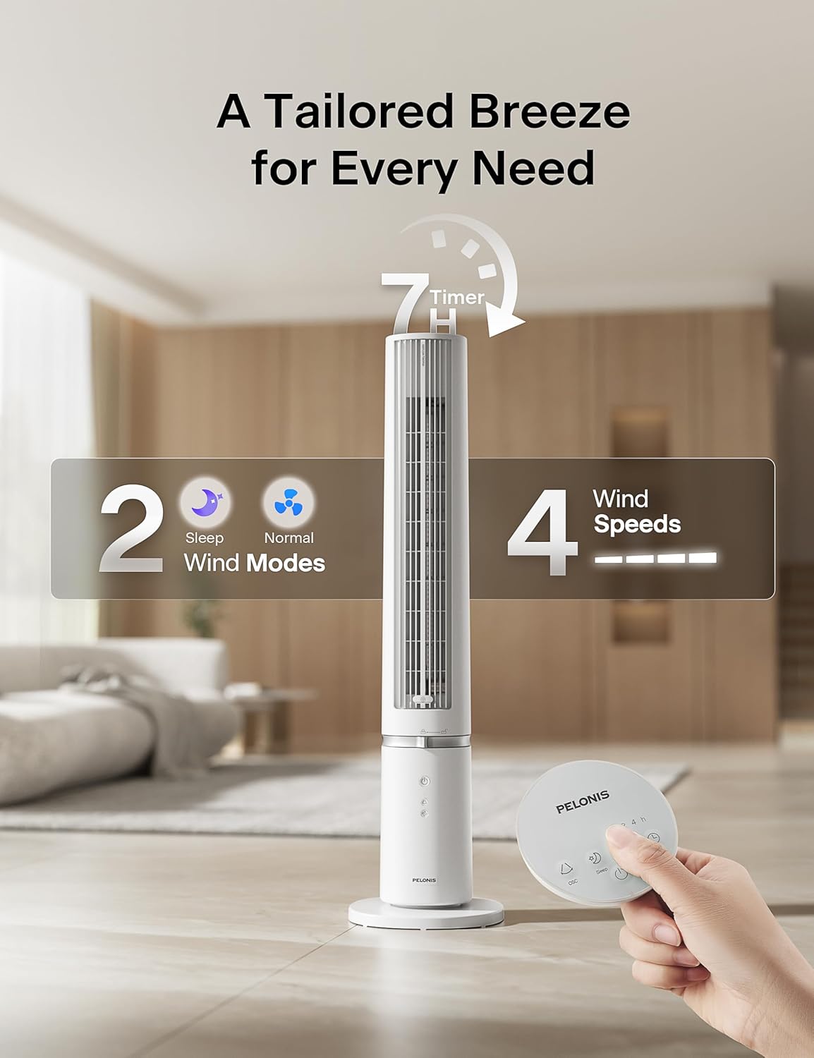 PELONIS 40-inch Bladeless Tower Fan for Bedroom, Standing Fan with Remote Control, 26ft/s, 90° Oscillation, 3 Speed Settings, 27 dB, 3 Modes