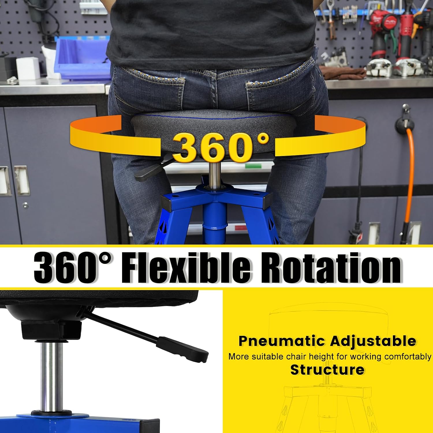 Adjustable Shop Stool,Garage Mechanic Stool Chair,Work Seat for Workshop, Adjustable Height, 360° Swivel Padded Square Seat,Tool Storage, 350 LBS Capacity, Heavy Duty, Blue