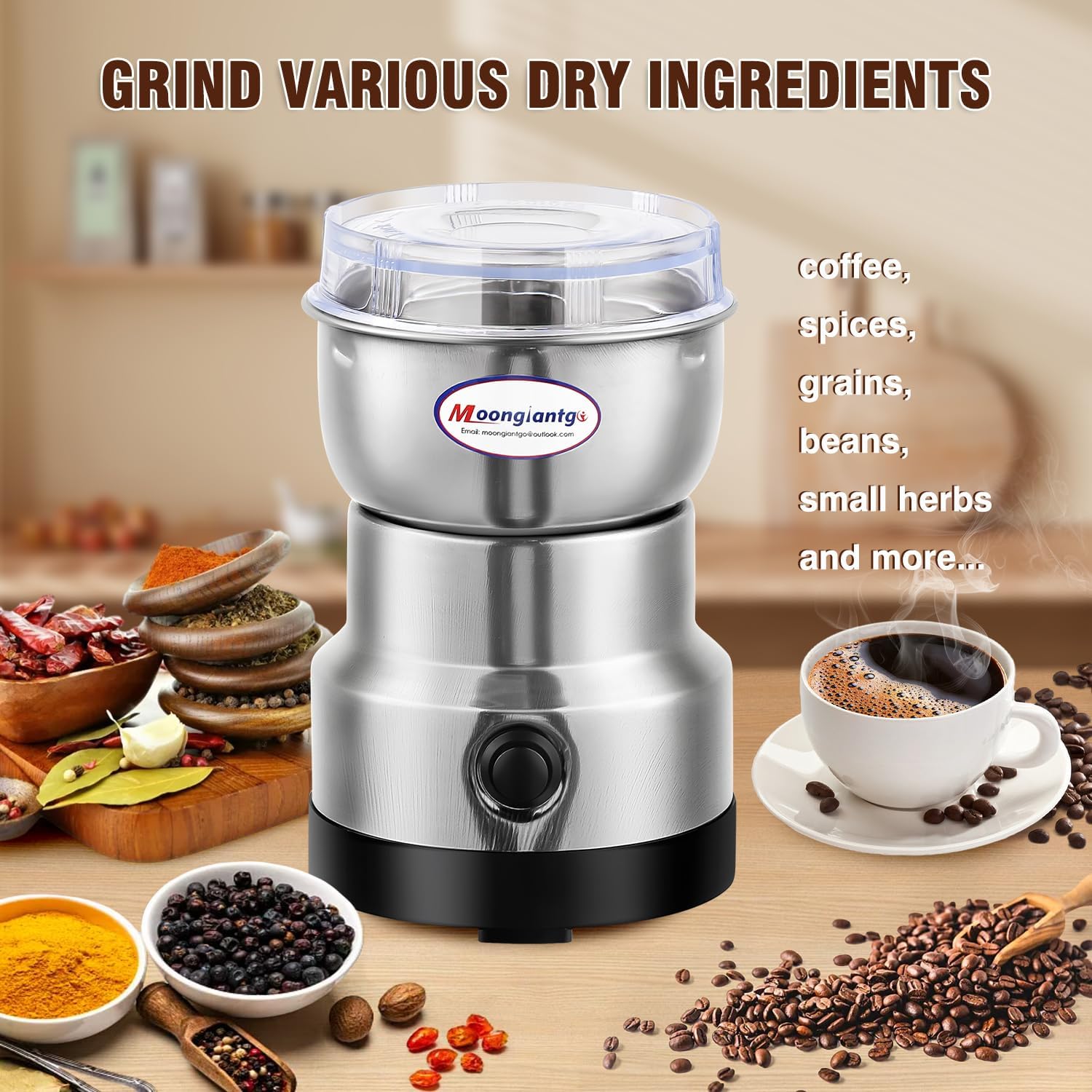 Moongiantgo Coffee Grinder Electric, Mini Spice Grinder, 200W 10s Fast Grinding, Dry Grain Mill for Spices Seeds Rice Beans Seasonings
