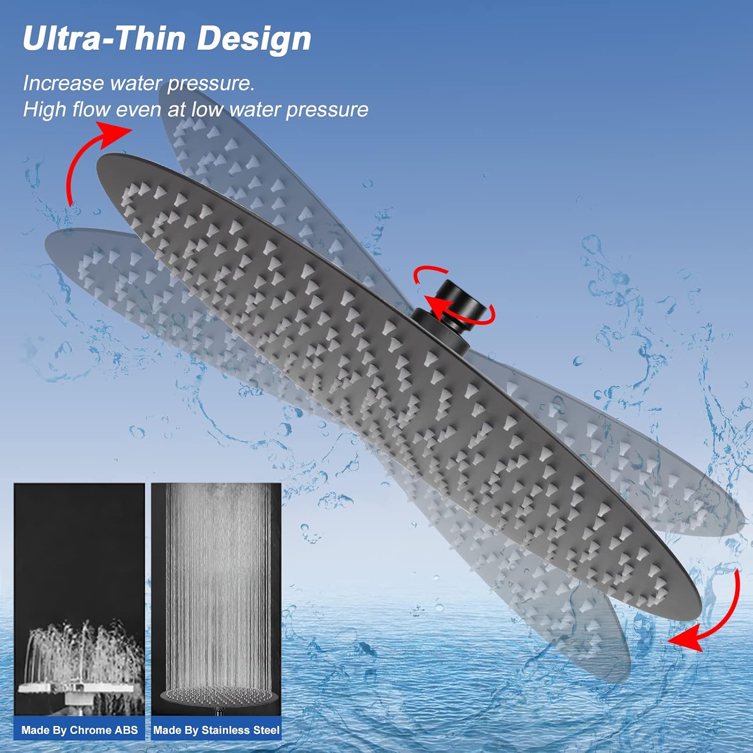 NearMoon Rain Shower Head, Ultra-Thin Design-Pressure Boosting, Awesome Some Experience, High Flow Stainless Steel Rainfall Head (10 Inch