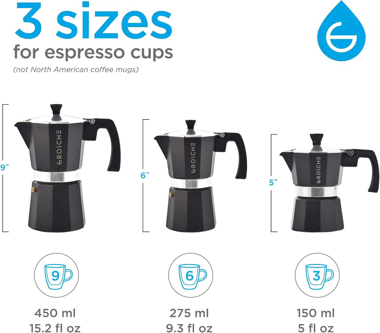 GROSCHE Milano Moka Pot | 9 Espresso Cup - 15.2 oz | Stovetop Espresso Percolator & Coffee Maker – Portable, Ideal for Home and Camping | Cuban Coffee Maker And Italian Moka Pot For Stovetop Espresso; For Gas, Electric, And Propane Stoves With A Soft-Tou…