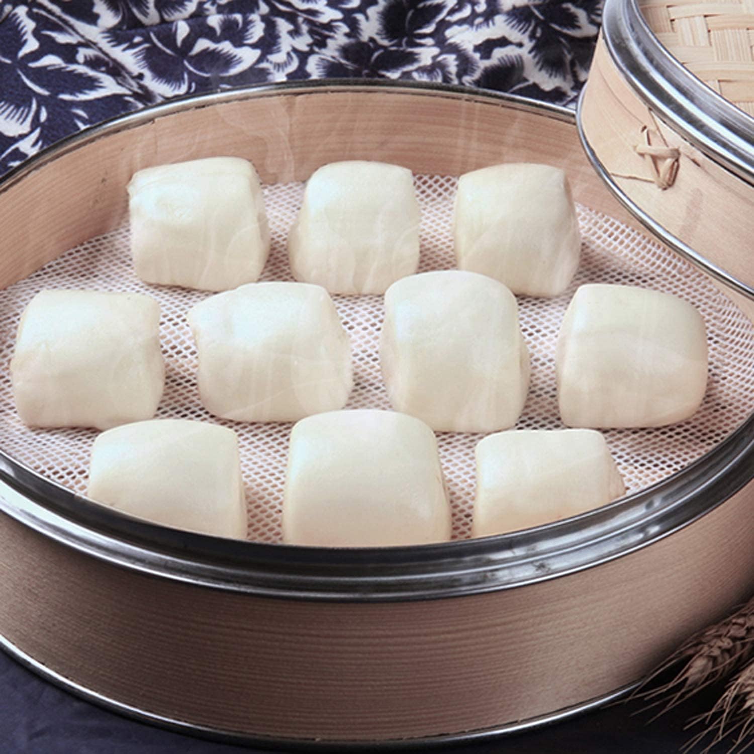 GUCUJI 8 Inch Silicone Bamboo Steamer Liners - Non-Stick, Reusable Steamer Mesh Mats for Steamed Buns, Dumplings, veggies, Dim Sum, Momo, Rice, and fish - Food Grade BPA Free (4Pcs)