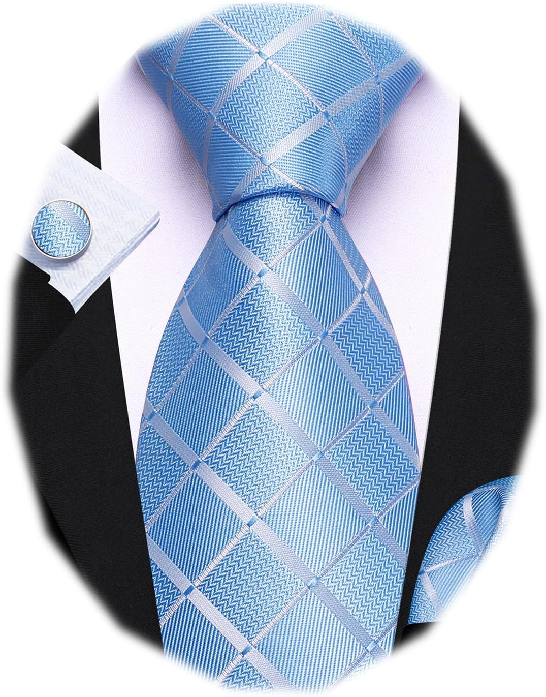Barry.Wang Plaid Ties for Men Silk Necktie Handkerchief Cuff Links Set