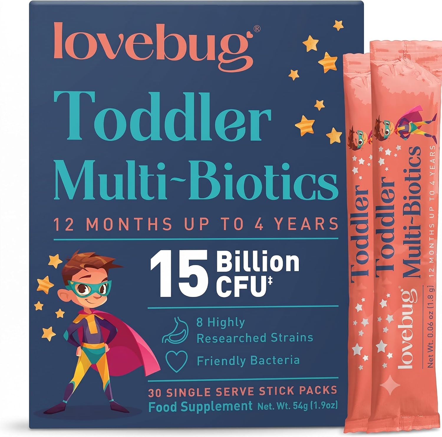 LOVEBUG Award Winning Probiotics | Constipation & Stomach Discomfort | Softer Bowel Movements | Easy-to-Take Powder | Ages 12 Months to 4 Years | 60 Packets