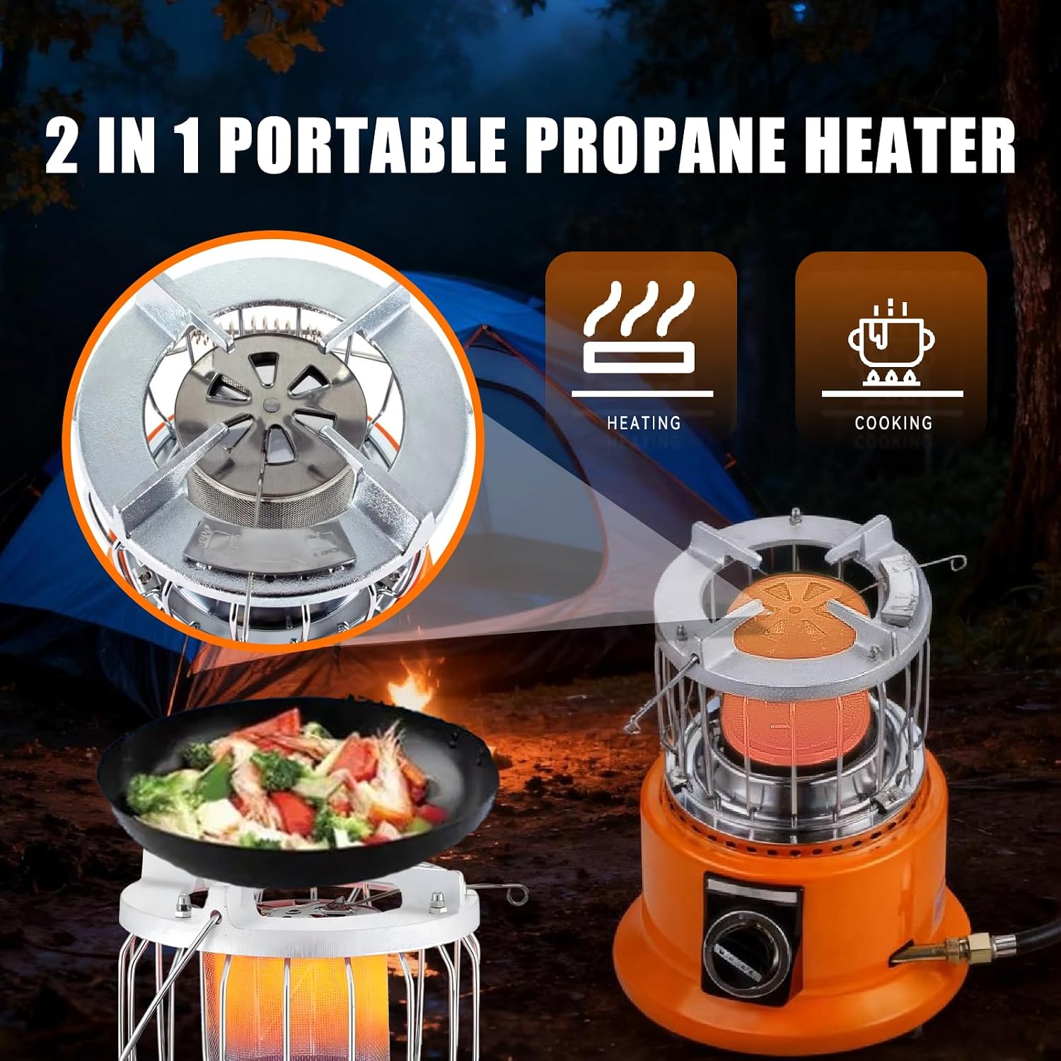 2-in-1 Propane Heater and Stove, Portable Heater with 6FT Regulating Valve, Dual Function Indoor Safe for Ice Fishing, Tent Camping, Tailgating