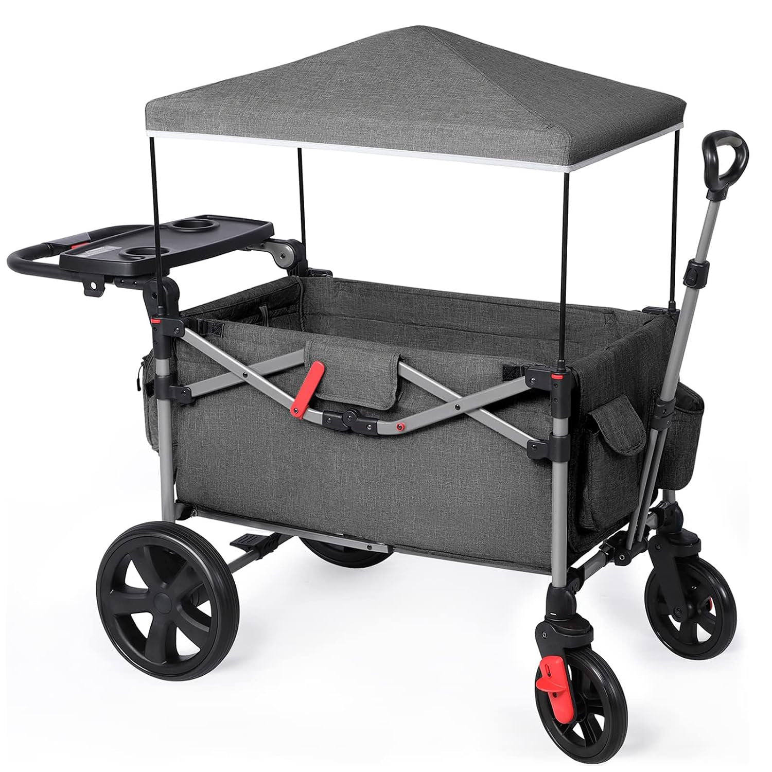 EVER ADVANCED Foldable Wagons for Two Kids & Cargo, Collapsible Folding Stroller with Adjustable Handle Bar,Removable Canopy with 5-Point Harness Gray