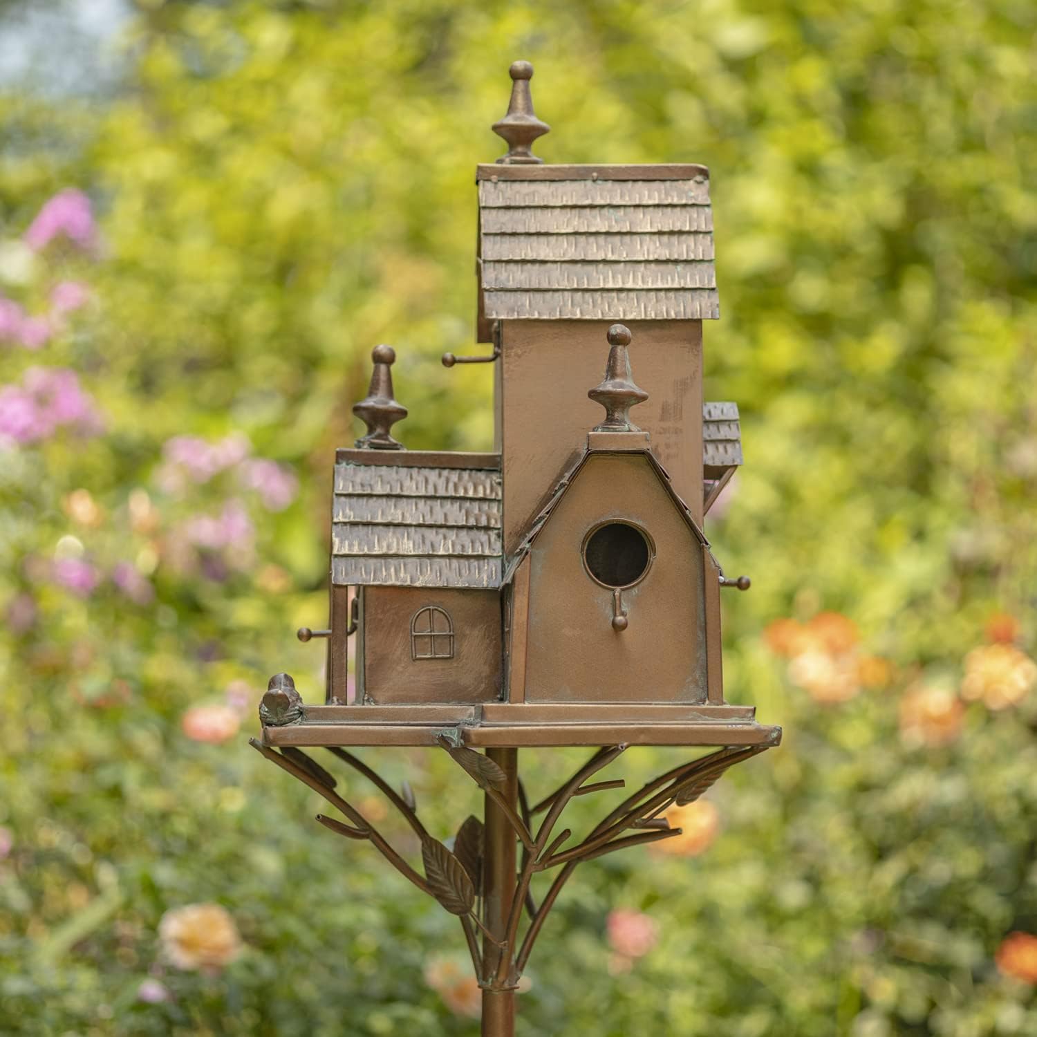 Large Copper Colored Multi-Birdhouse Stakes, Room for 4 Bird Families in Each (Cube Homes with Pyramid Roofs)