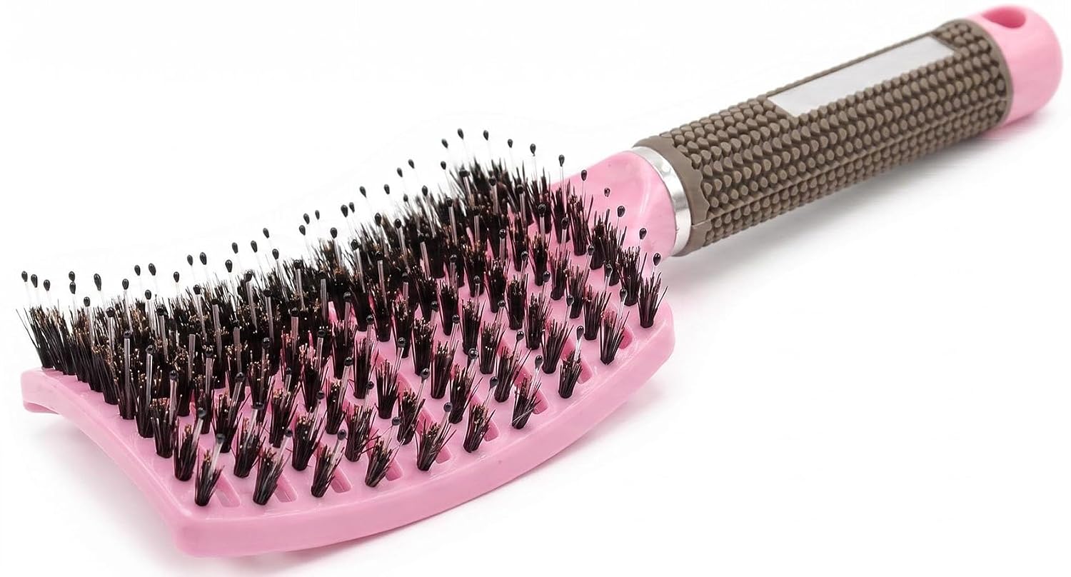 Boar Bristle Detangler Vent Hair Brush for Blow Drying, Curved Vented Paddle Detangling Brush for Women Men