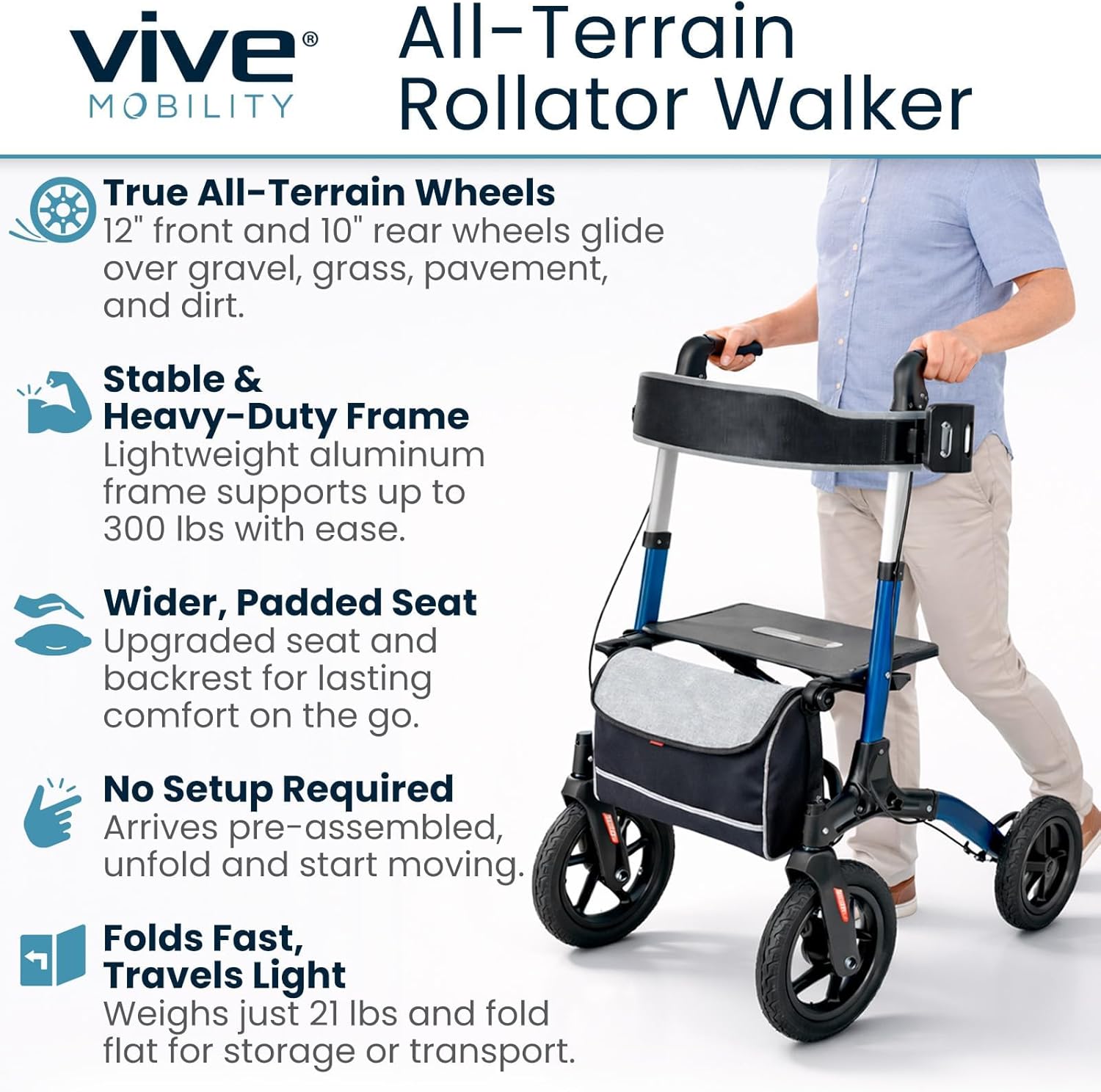 Vive All-Terrain Rollator Walker with 12” Pneumatic Wheels - Padded Seat | Backrest
