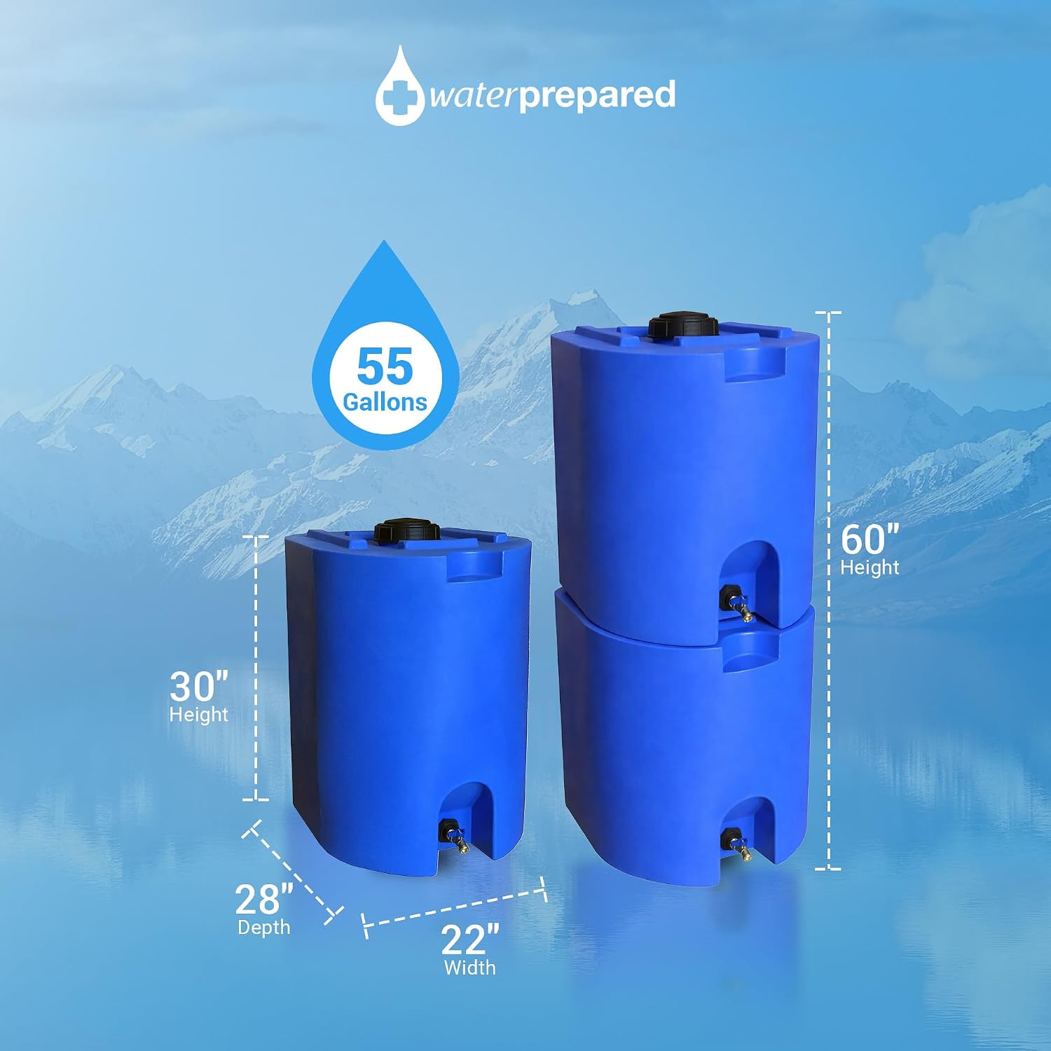 WaterPrepared 55 Gallon Unique Stackable Utility Water Tank, Blue | Emergency Water Storage Tank with Large Cap and Spigot for Easy Filling