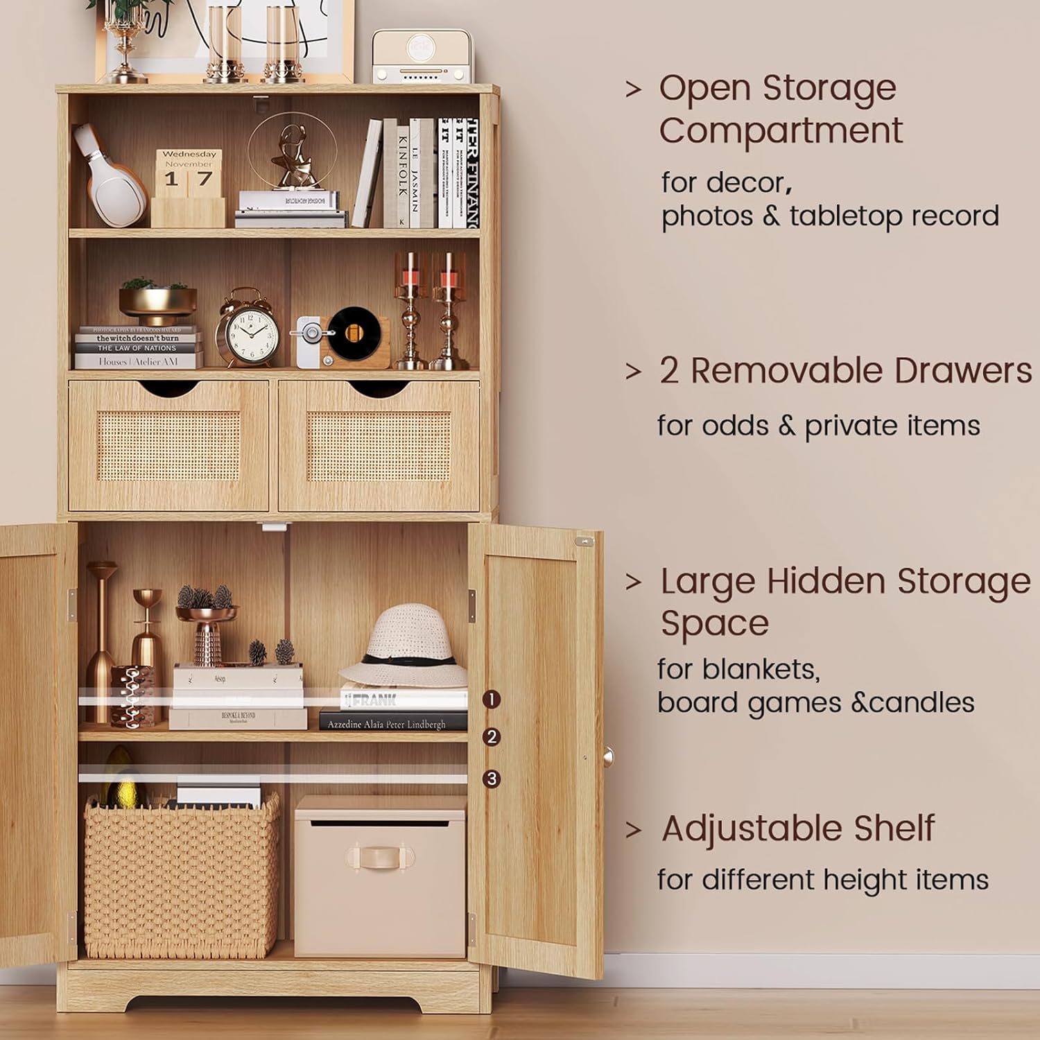 Iwell Storage Cabinet with 2 Drawers & Adjustable Shelves, Cupboard, Floor Cabinet for Living Room, Home Office, Rustic Brown