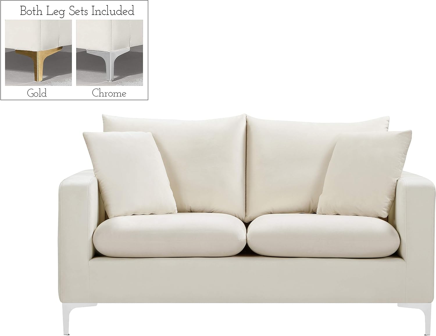 Meridian Furniture Naomi Collection Modern | Contemporary Grey Velvet Upholstered Loveseat with Stainless Steel Base in a Rich Gold or Chrome Finish, 633Grey-L