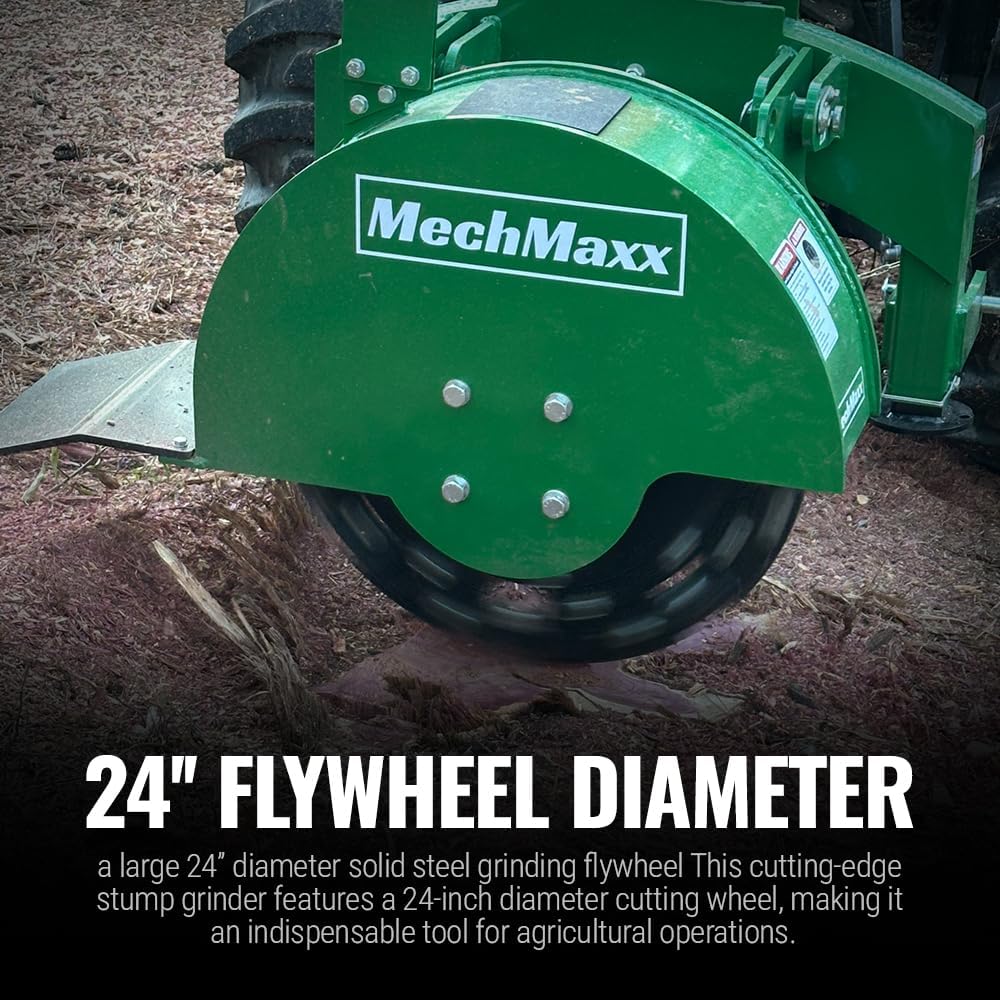 MechMaxx Heavy Duty 3-Point PTO Powered Stump Root Grinder For 15-45HP Tractors With 34 Carbide Teeth, 6'' Cutting Depth, 24'' Flywheel Diameter, Model SG24 Orange