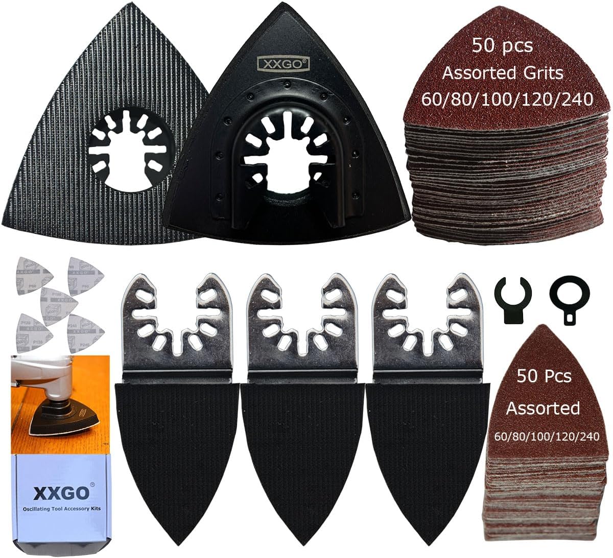 XXGO 55 Pcs 80mm 3-1/8 Inch Triangular Oscillating Multi Tool Sanding Pads | Assorted Grit , Hook & Loop Design , Strong Velcro , Best for Metal Wood Sanding