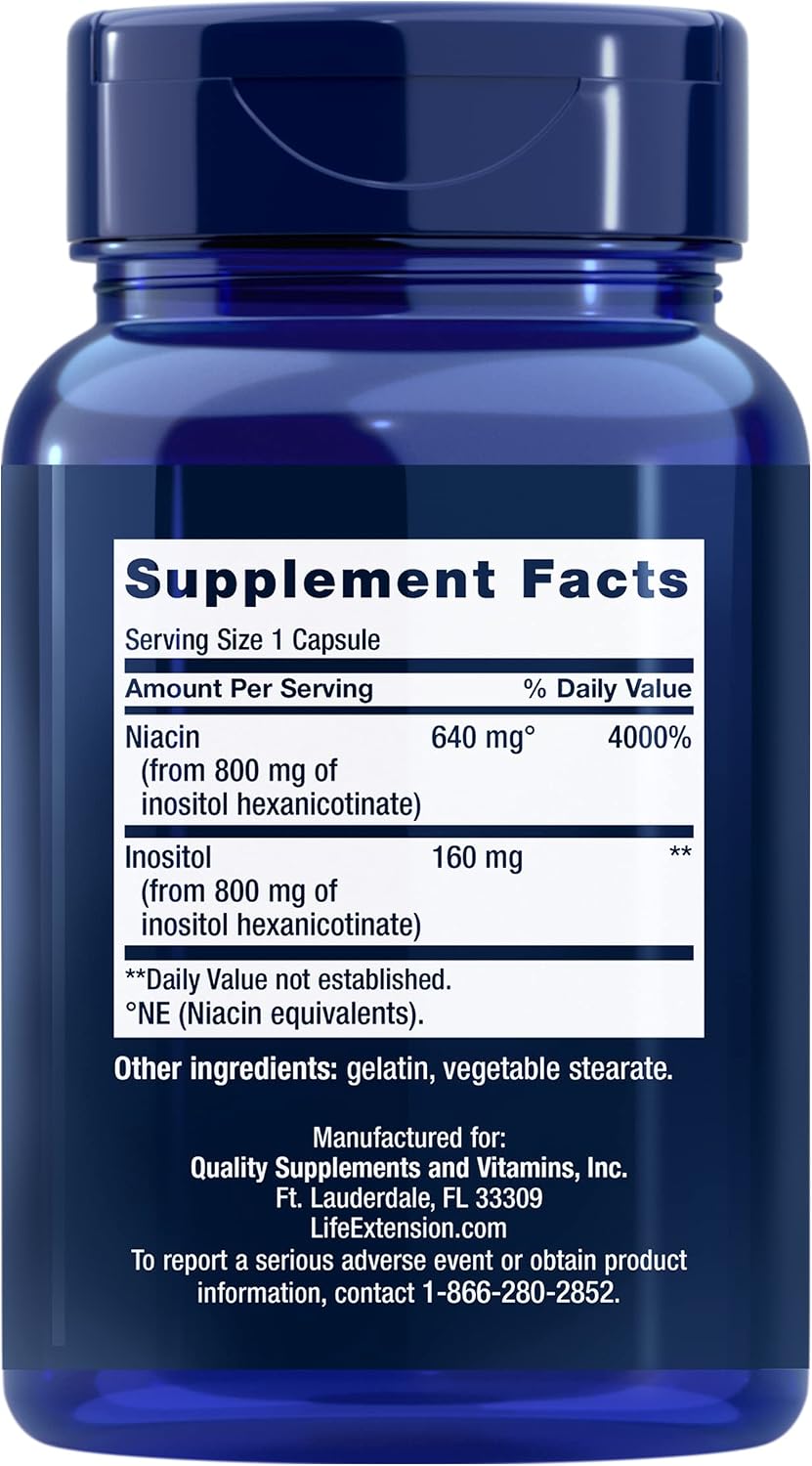 Life Extension No Flush Niacin, B3 for Heart Health, Cholesterol & Energy Support, Non-GMO, Gluten-Free, 100 Capsules