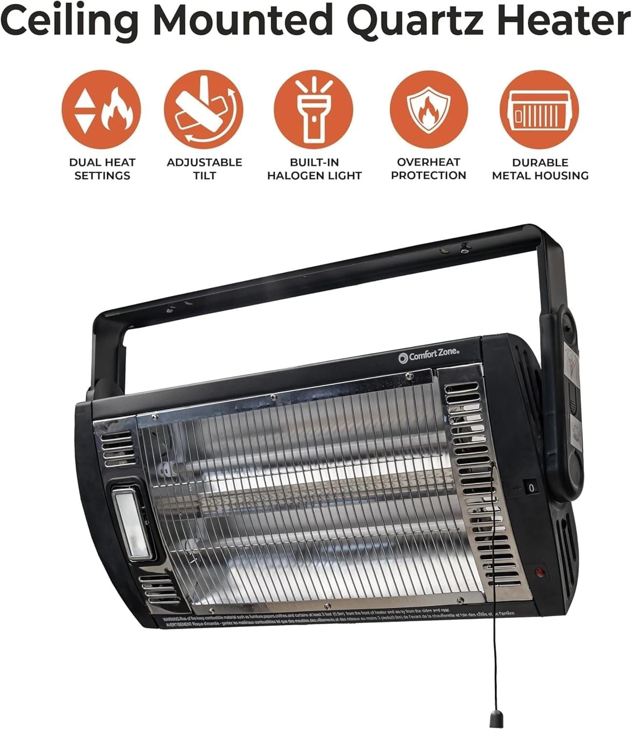 Comfort Zone 1500W Ceiling Mounted Dual Quartz Radiant Heater – Infrared Workshop Heater with 90° Adjustable Tilt