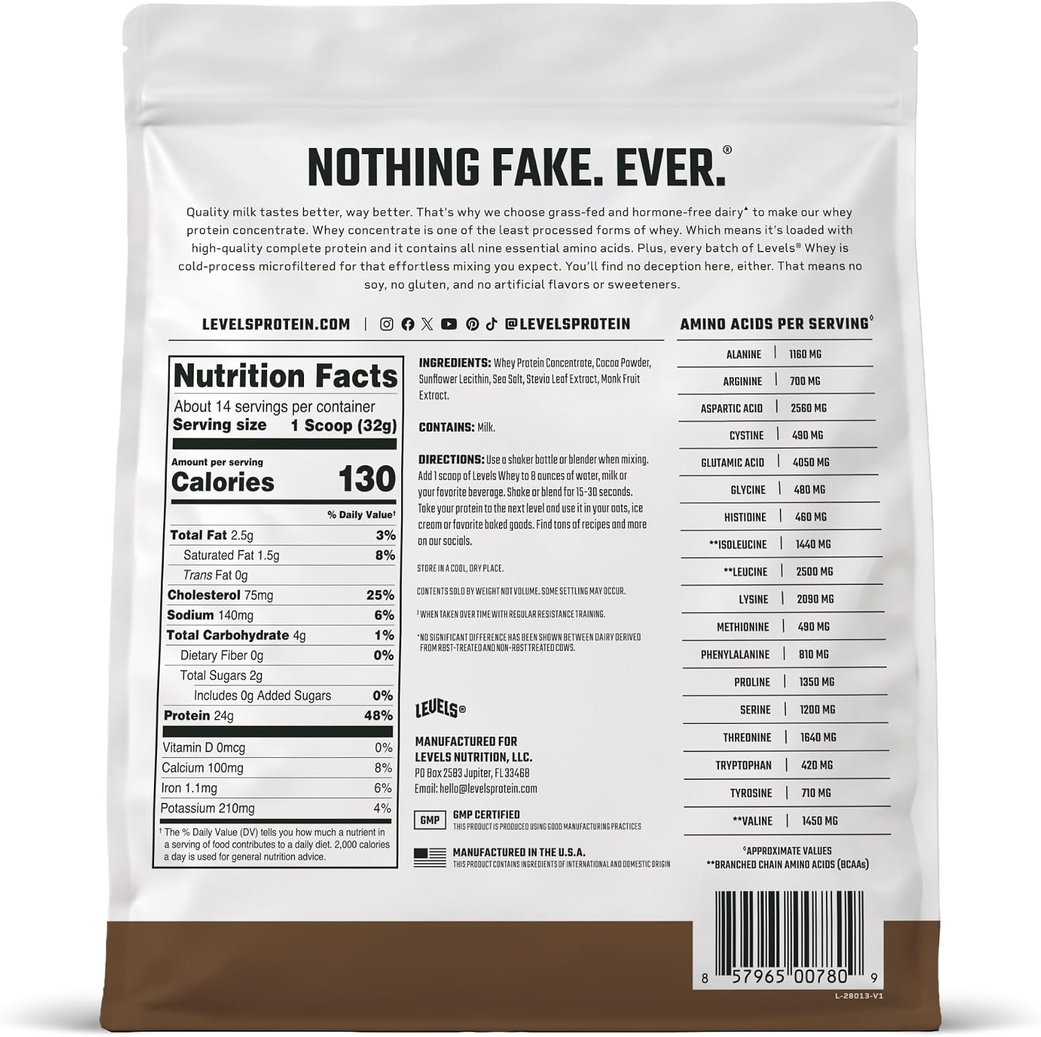 Levels Whey Protein Powder, No Artificial Ingredients, Pure Chocolate, 5LB | 24G of Protein, 5.4G BCAAs, Clean Ingredients, Hormone Free Dairy, No Fillers, No Added Sugar, No Junk