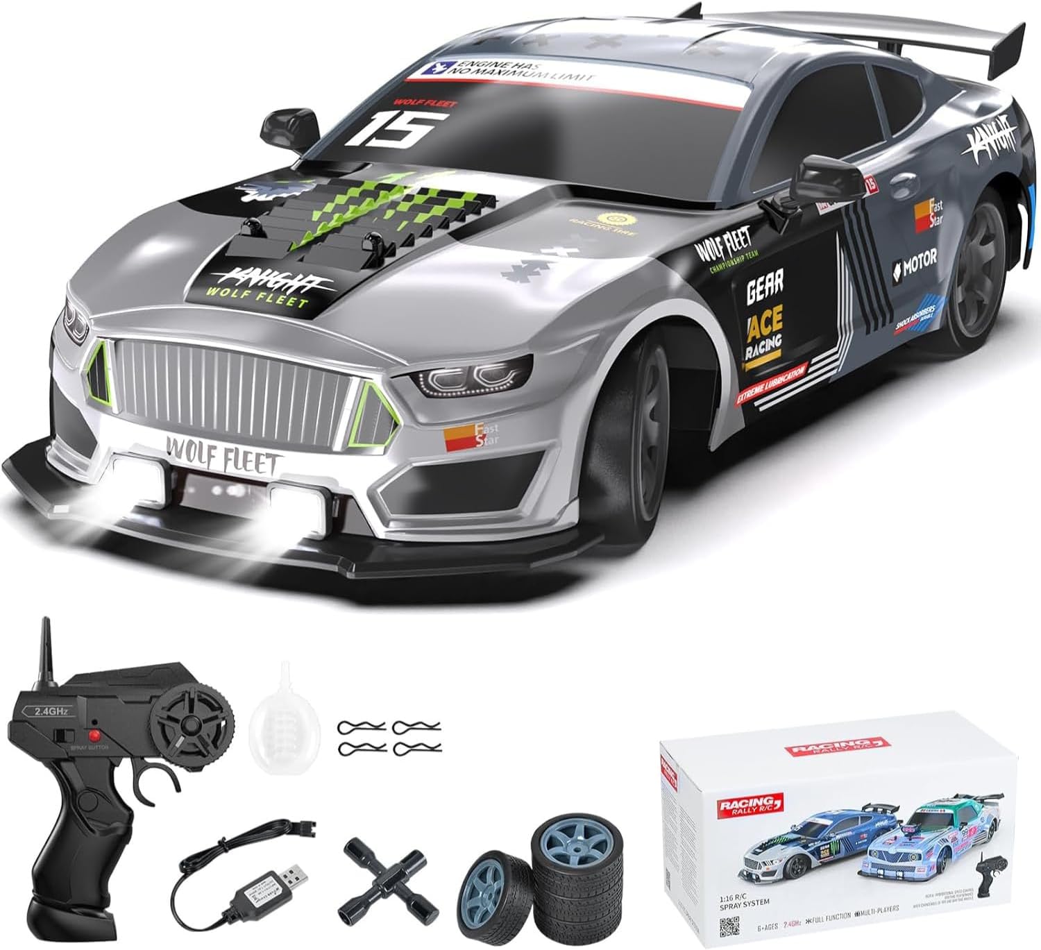 Dollox RC Drift Car 1/16 Scale Remote Control Car 2.4GHz 4WD High Speed 18+KM/H Race Car with LED Light and Spray, Extra Drifting Tires Racing Vehicle Toy Birthday Gifts for Adults Boys, 2 Batteries