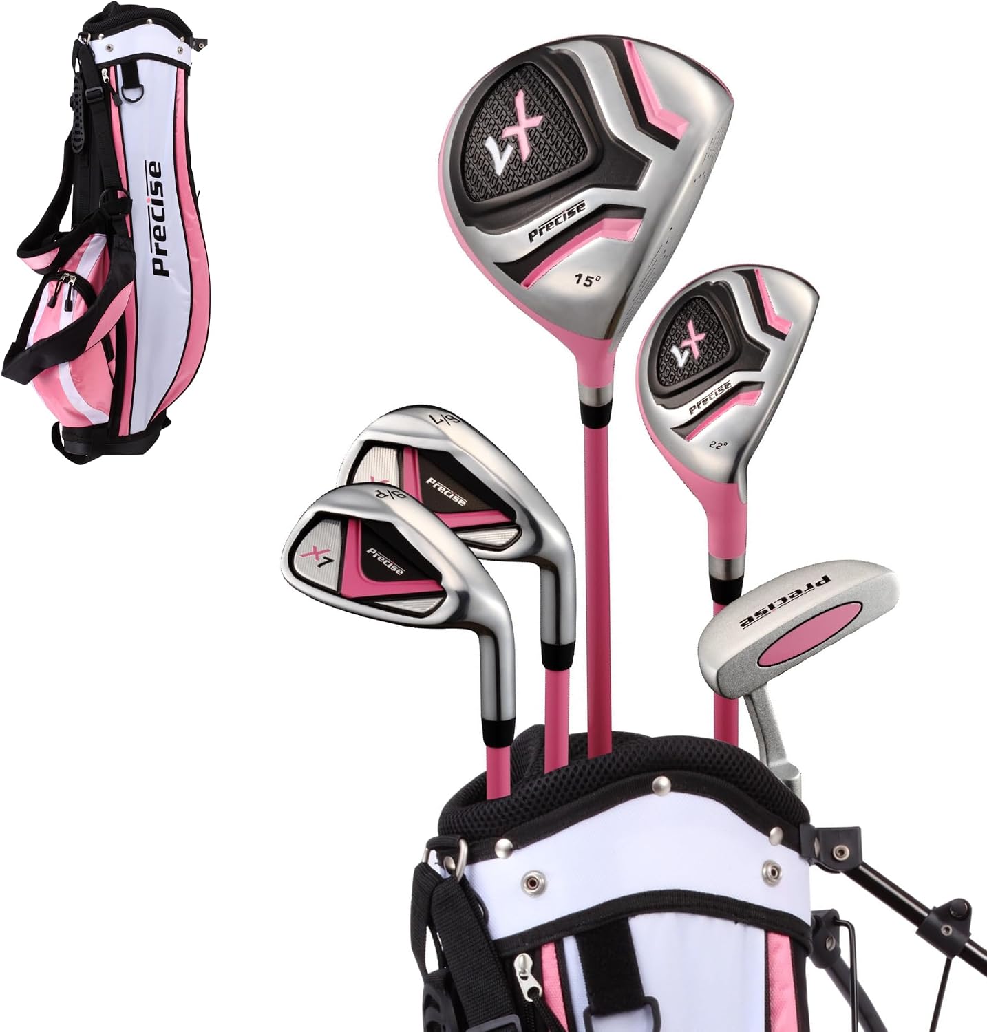 Precise - Kids Golf Club Set | Lightweight graphite shafts, hybrid & irons, putter, stand bag included, for boys and girls, ages 3-12, left/right hand