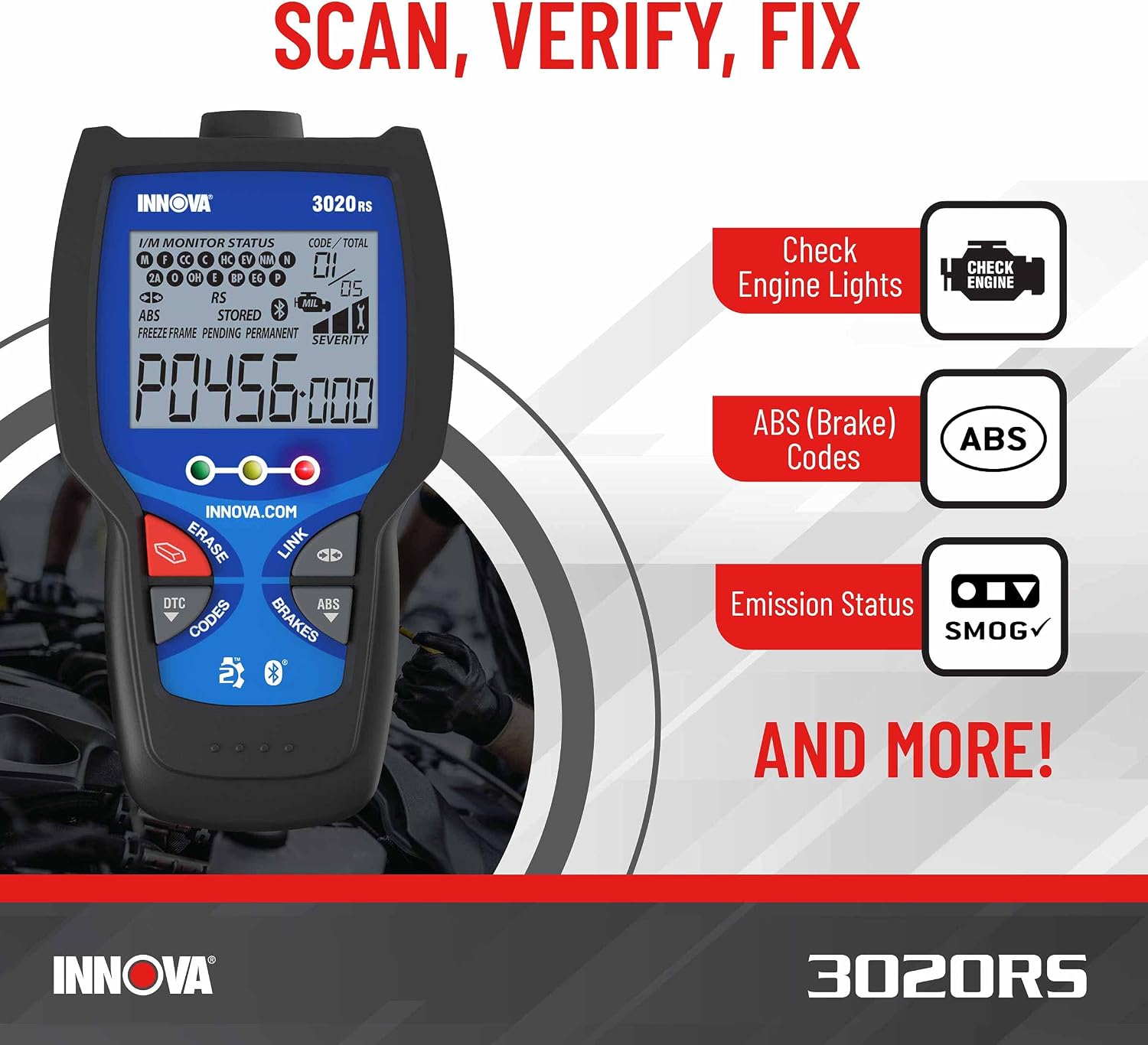 INNOVA 3020RS Fast & Easy-to-Use Check Engine Code Reader, OBD2 Scan tool for ABS Clear with Fix & Part Recommendations, Maintenance Schedules
