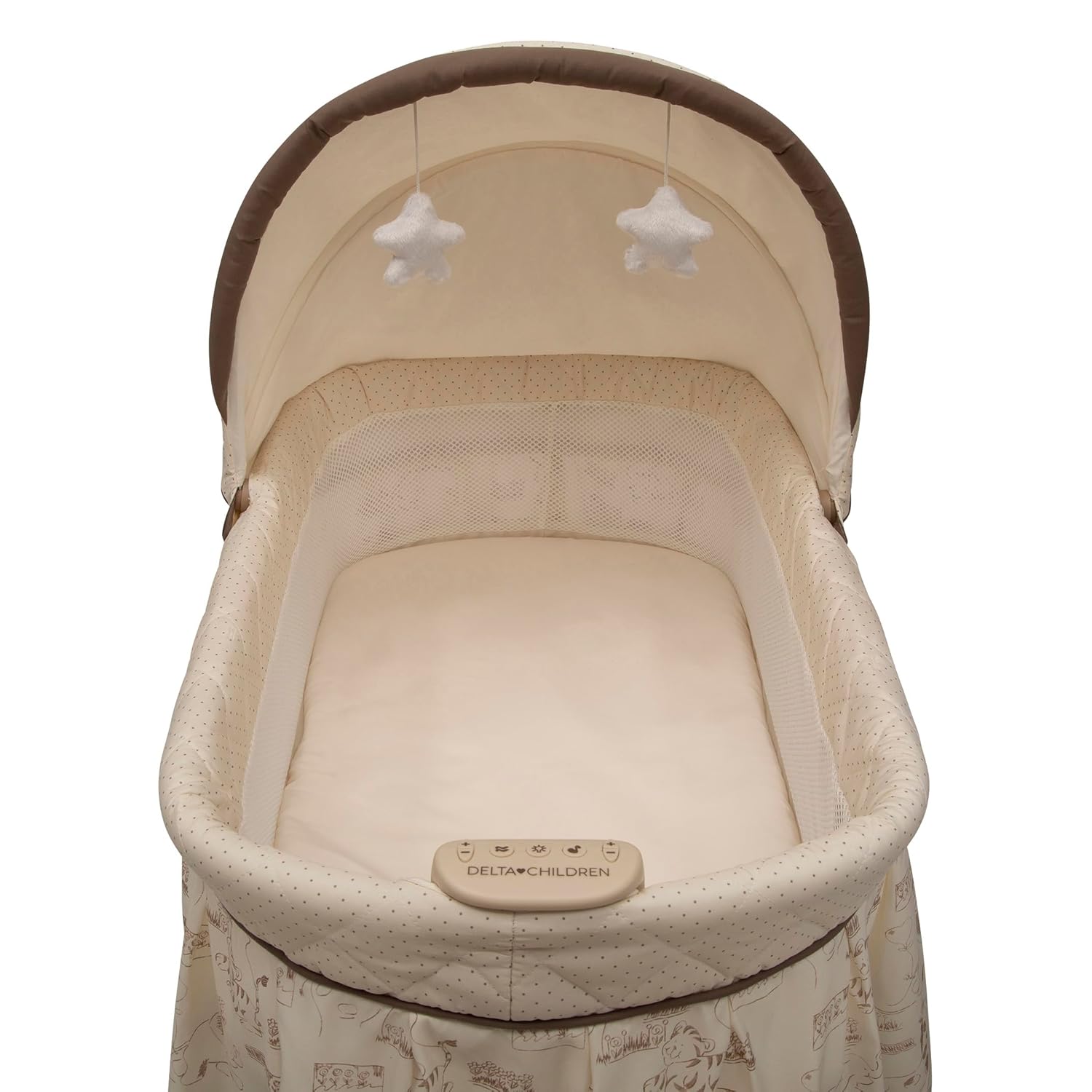 Delta Children Portable Rocking Bassinet for Newborns Bedside Sleeper Crib with Gentle Vibrations, Nightlight, Soothing Music, Adjustable Canopy