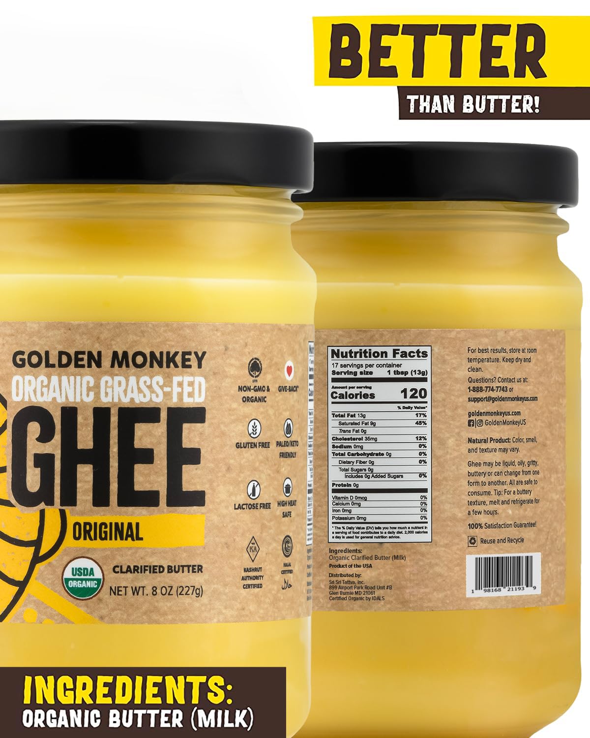 GOLDEN MONKEY Organic Ghee Butter – Grass Fed Clarified Butter for Cooking, Baking